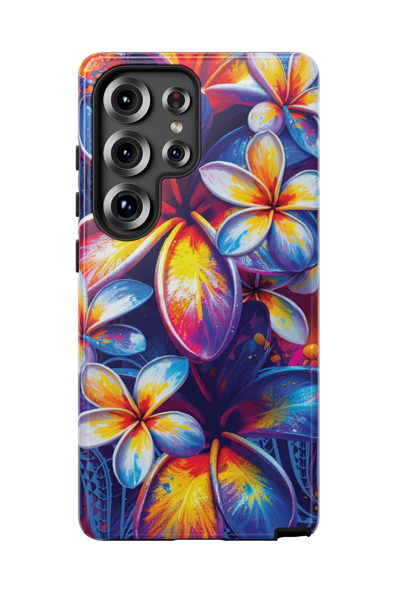 Woman holding Sunset Ink Tough Samsung Galaxy Case - Hawaiian Plumeria Street Art Graffiti Tropical Design - The Local Banyan