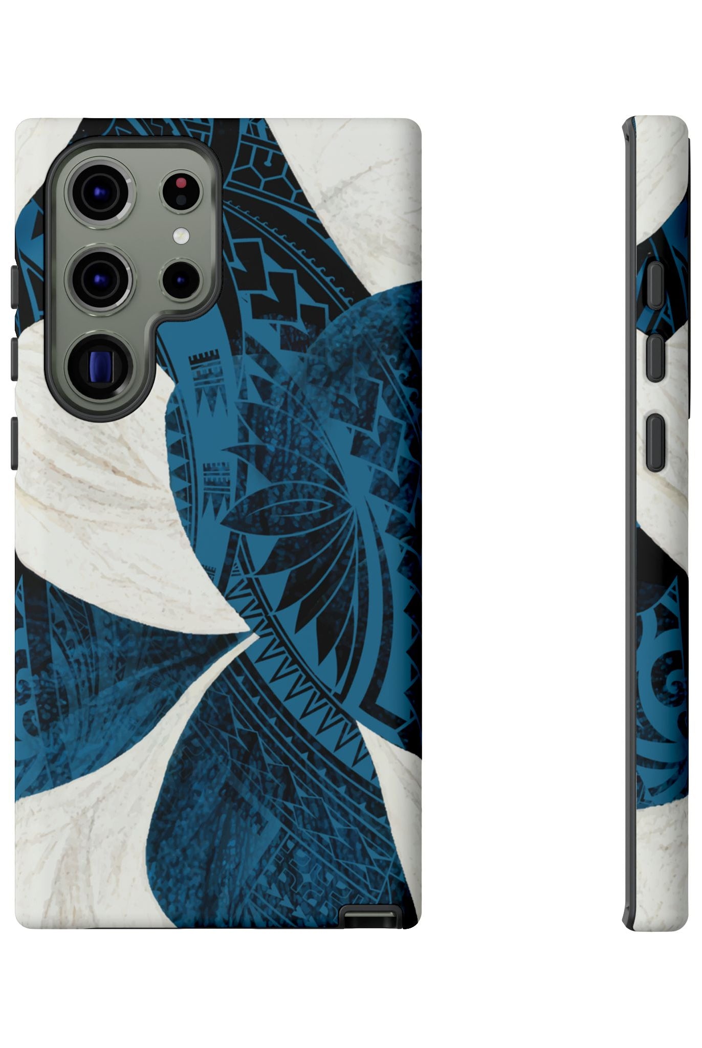 Hana Breeze Tough Samsung Galaxy Case Detail View - Hawaiian Blue Plumeria Polynesian Botanical Design Close Up - The Local Banyan