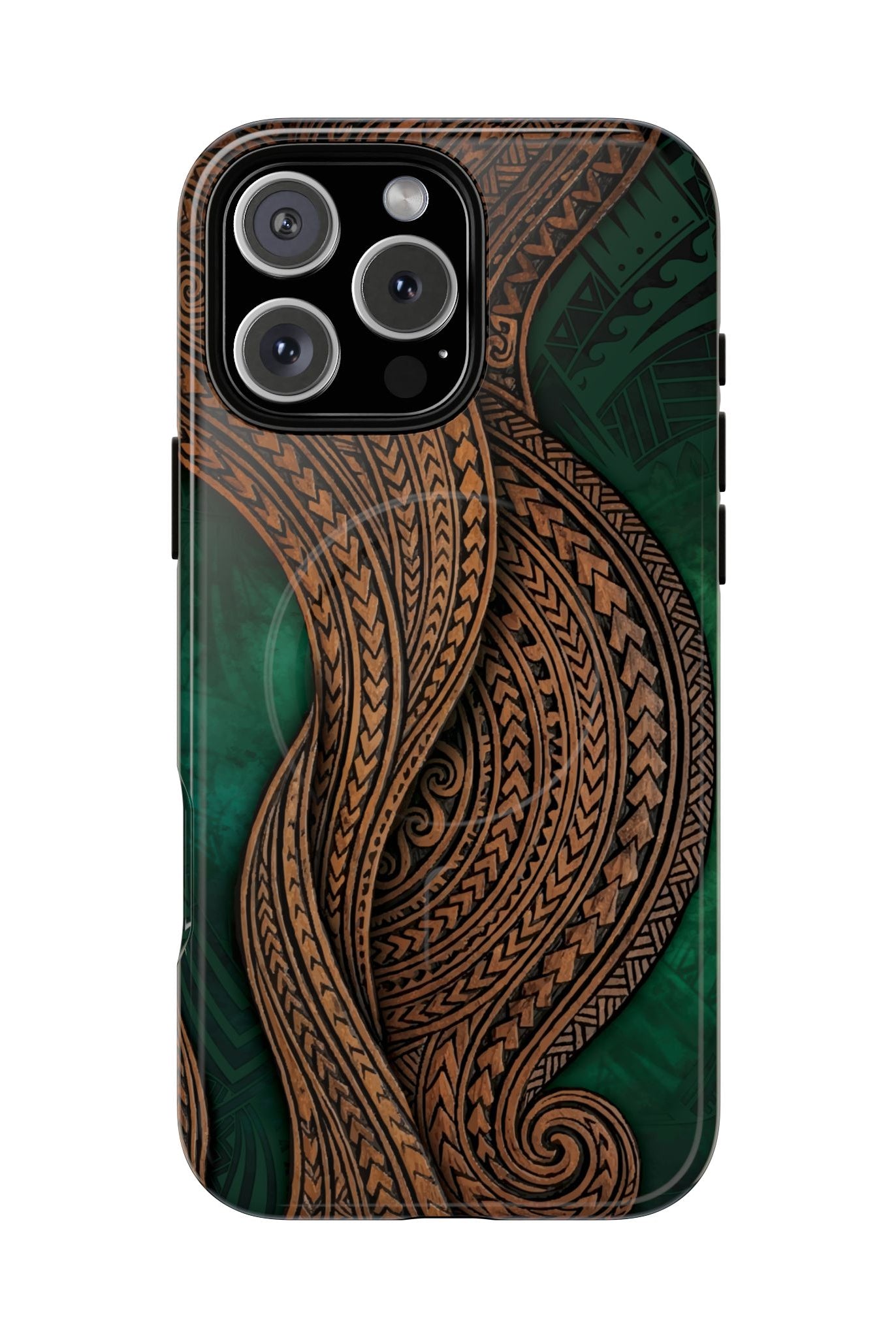 Island Kalai MagSafe iPhone Case iPhone 16 Pro Max Glossy - Hawaiian Carved Wood Grain Emerald Green Tribal Design - The Local Banyan