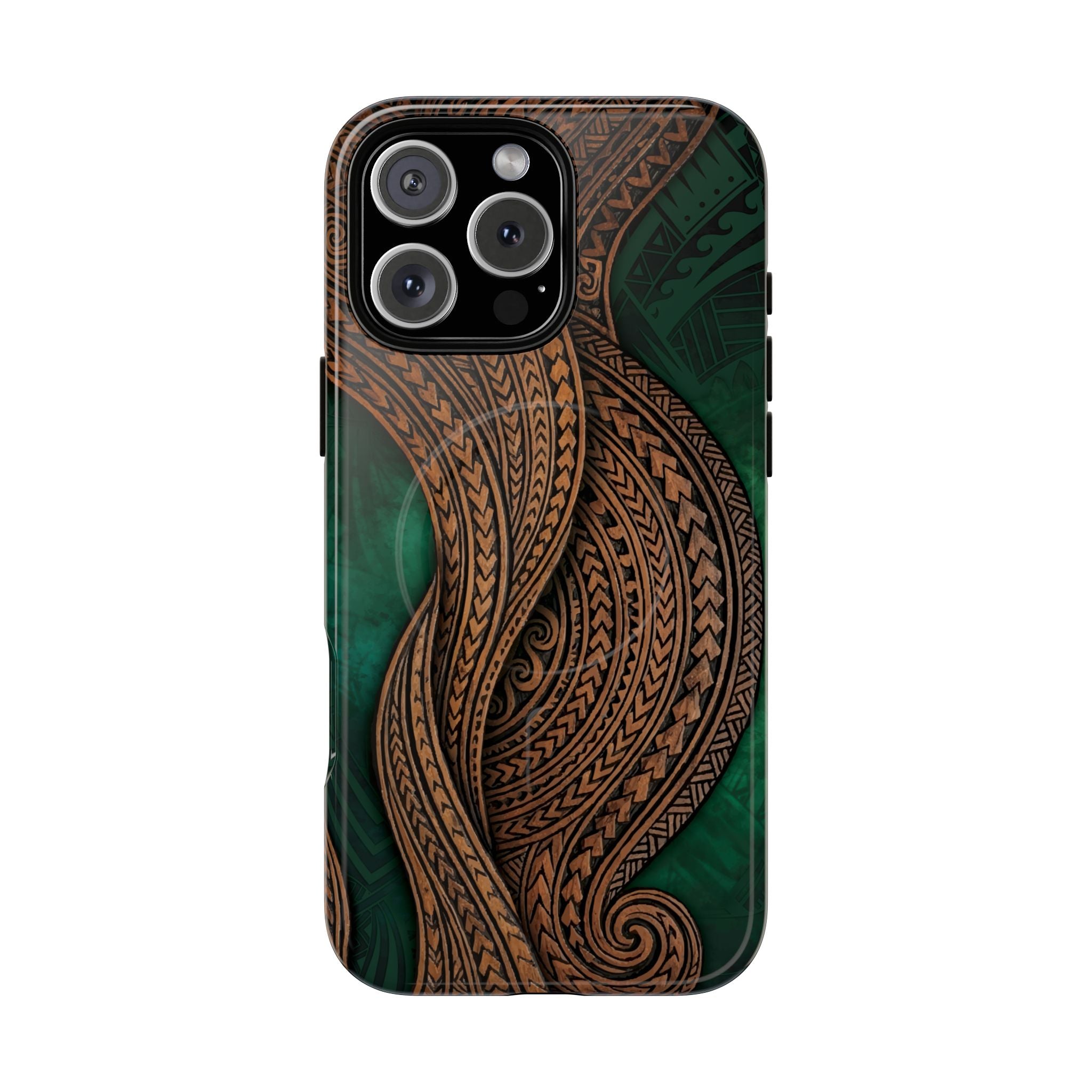 Island Kalai MagSafe iPhone Case iPhone 16 Pro Max Glossy - Hawaiian Carved Wood Grain Emerald Green Tribal Design - The Local Banyan