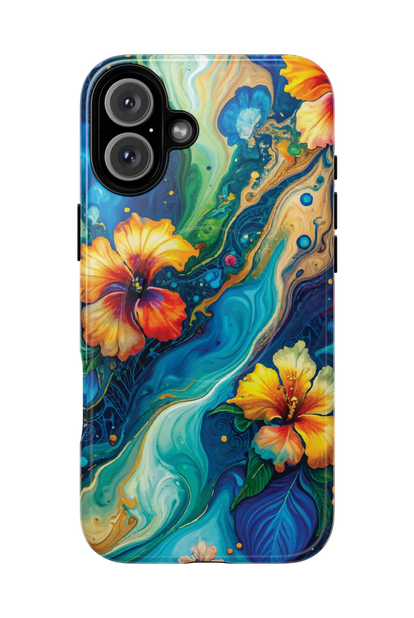 Aloalo Drift MagSafe iPhone Case iPhone 16 Plus Glossy - Hawaiian Hibiscus Teal Ocean Wave Design - The Local Banyan