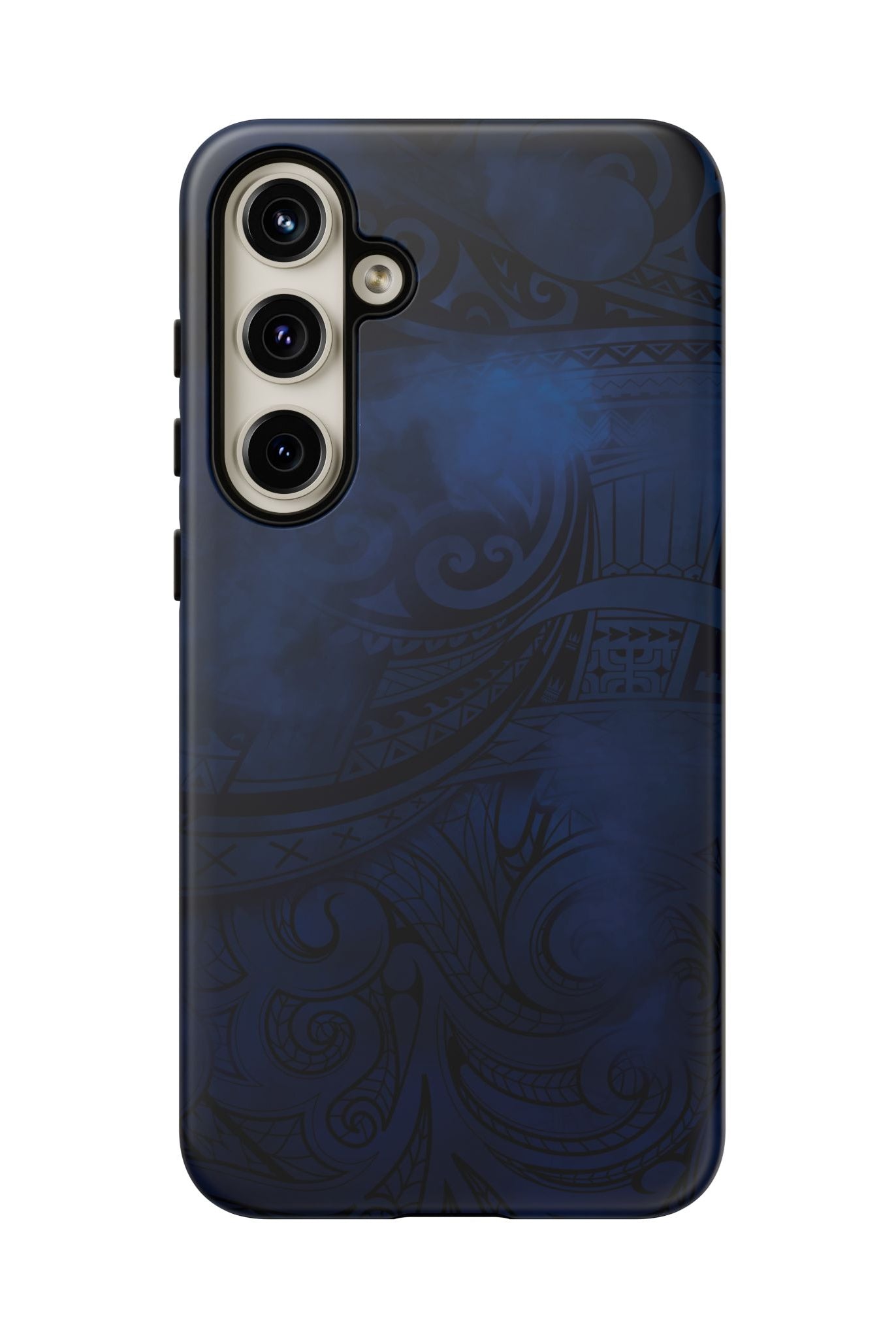 Woman holding Midnight Essence Tough Samsung Galaxy Case - Hawaiian Midnight Navy Polynesian Tribal Design - The Local Banyan