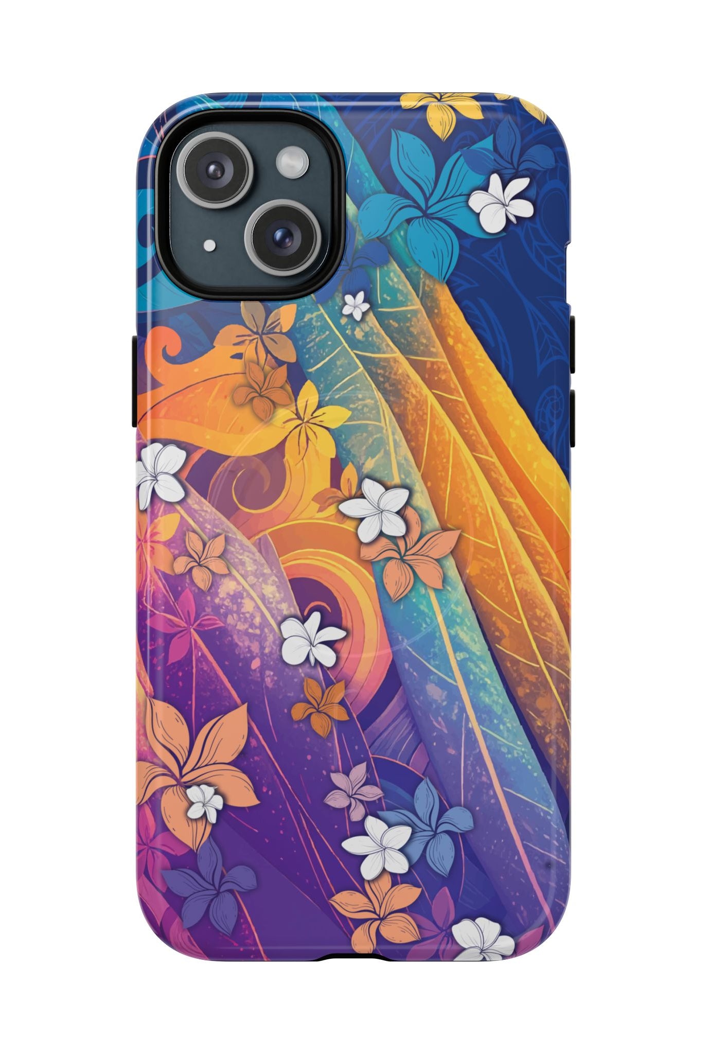Mauna Sunrise MagSafe iPhone Case iPhone 15 Plus Glossy - Hawaiian Colorful Sunrise Plumeria Design - The Local Banyan