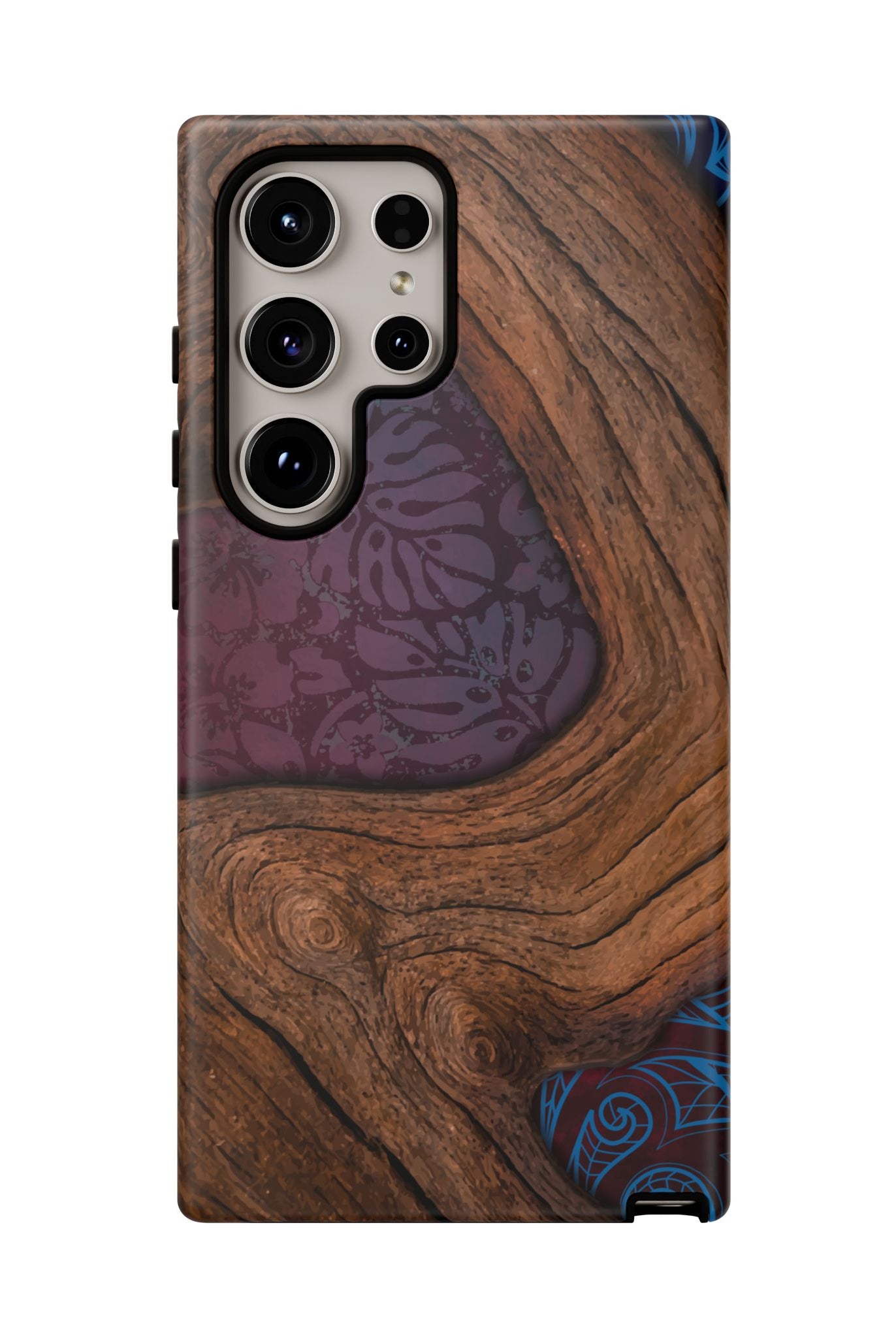 Rooted Tough Samsung Galaxy Case Detail View - Hawaiian Koa Wood Island Strength Tribal Design Close Up - The Local Banyan