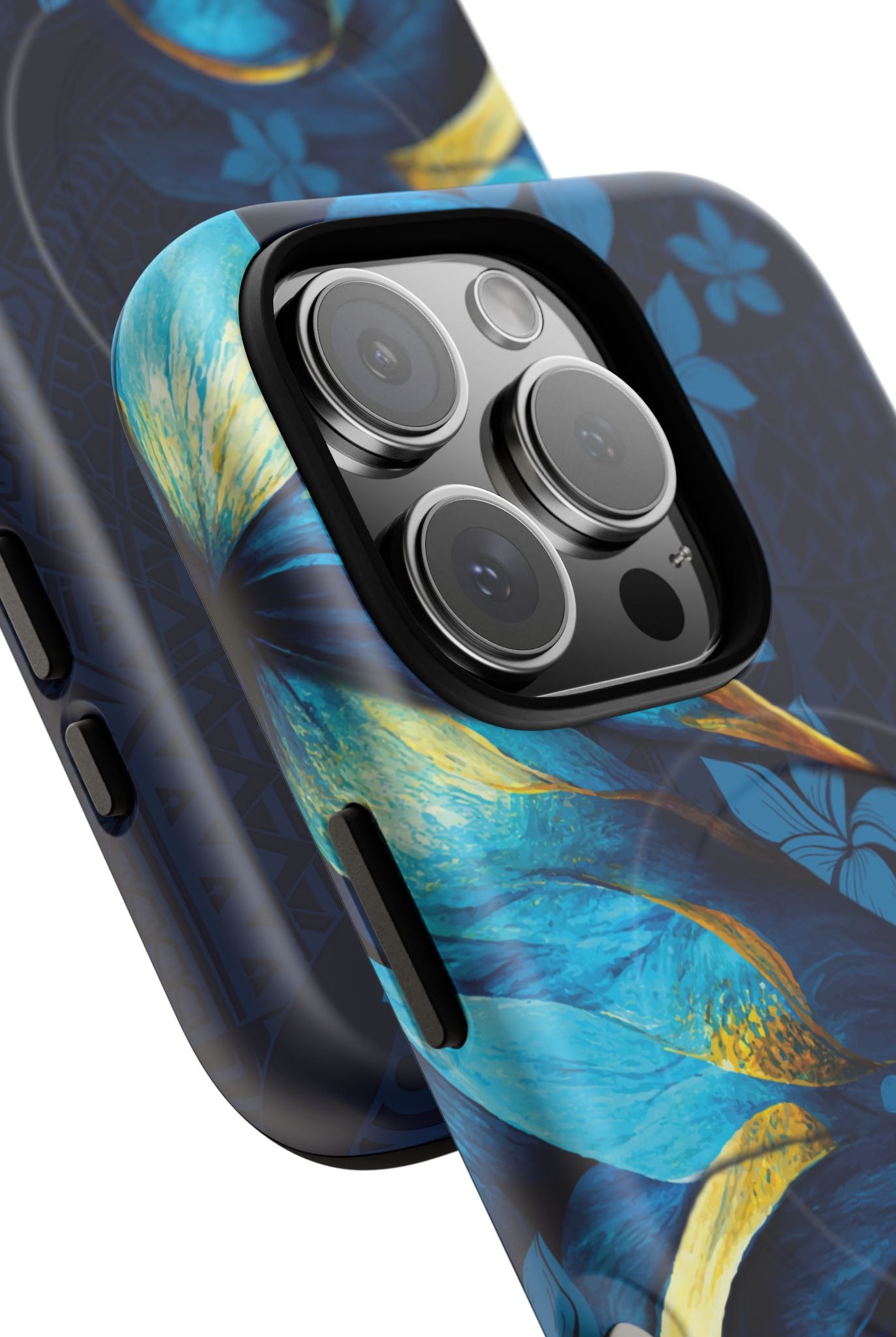 Woman holding Po Mahina MagSafe iPhone Case - Hawaiian Moonlit Teal Gold Floral Design - The Local Banyan