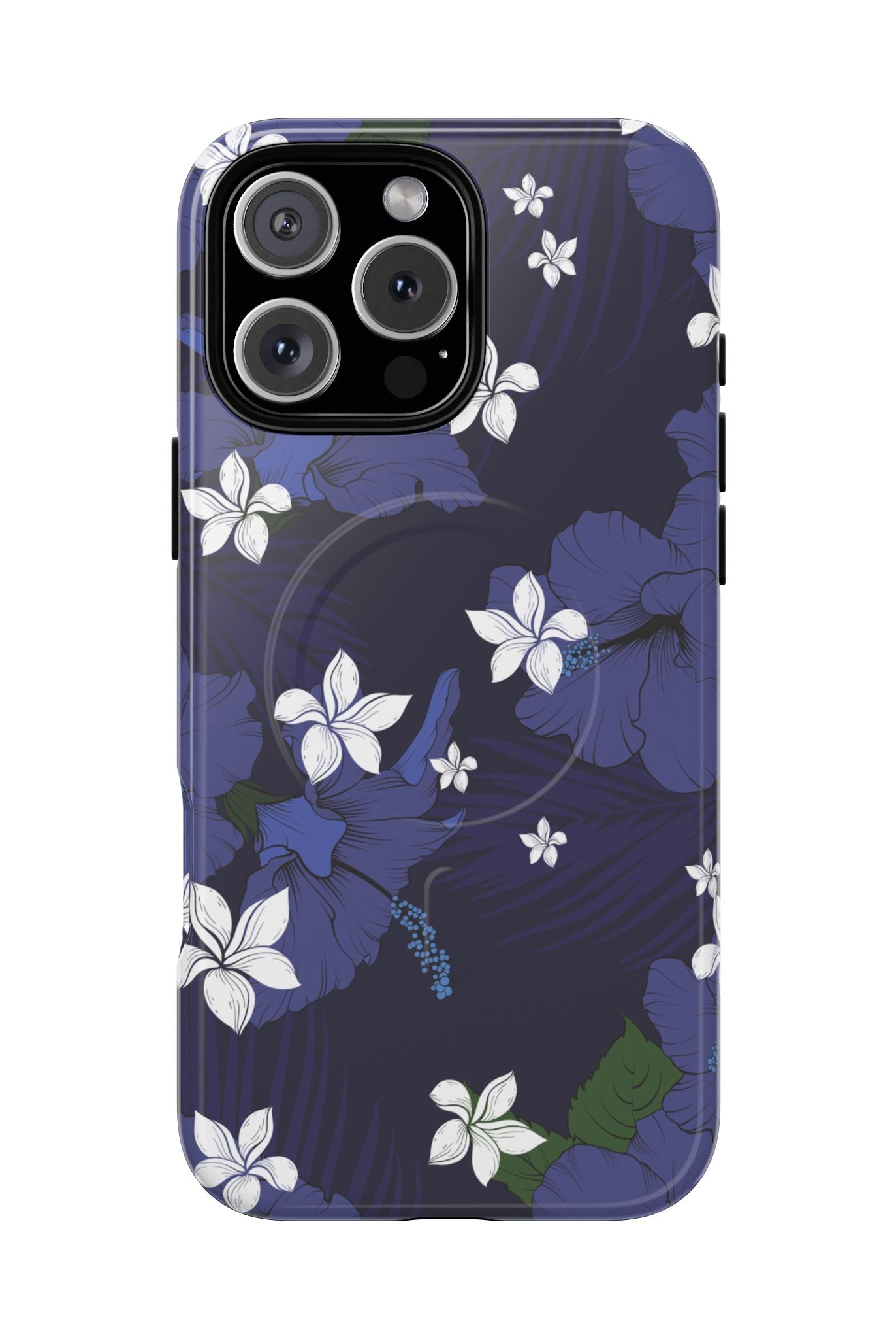 Vintage Blue MagSafe iPhone Case iPhone 16 Pro Max Glossy - Hawaiian Indigo Hibiscus White Plumeria Design - The Local Banyan