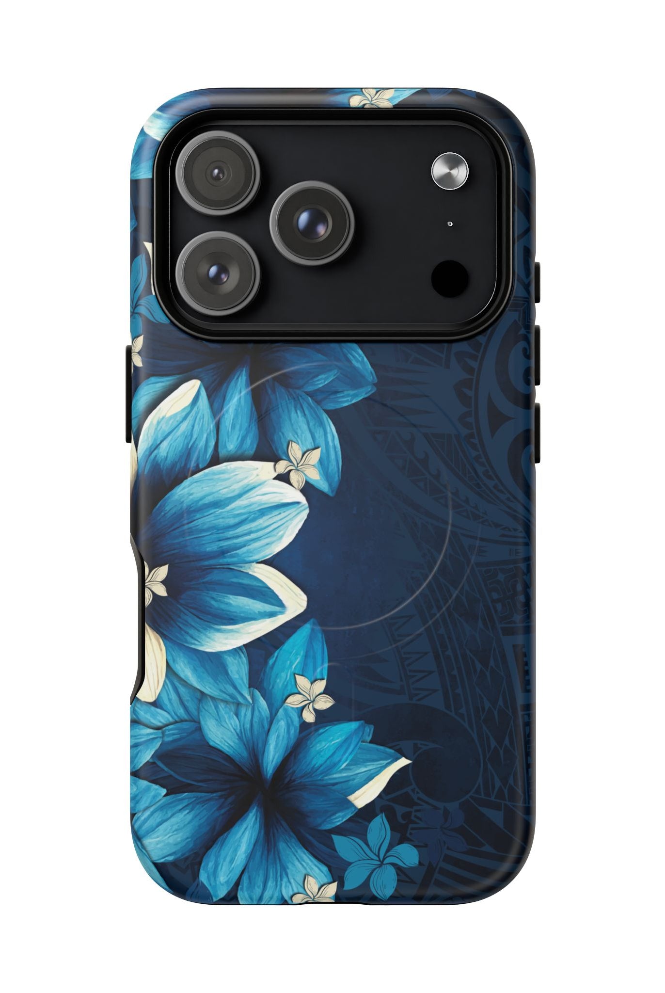 Leilani Nights MagSafe iPhone Case Detail View - Hawaiian Dark Blue Floral Polynesian Design Close Up - The Local Banyan