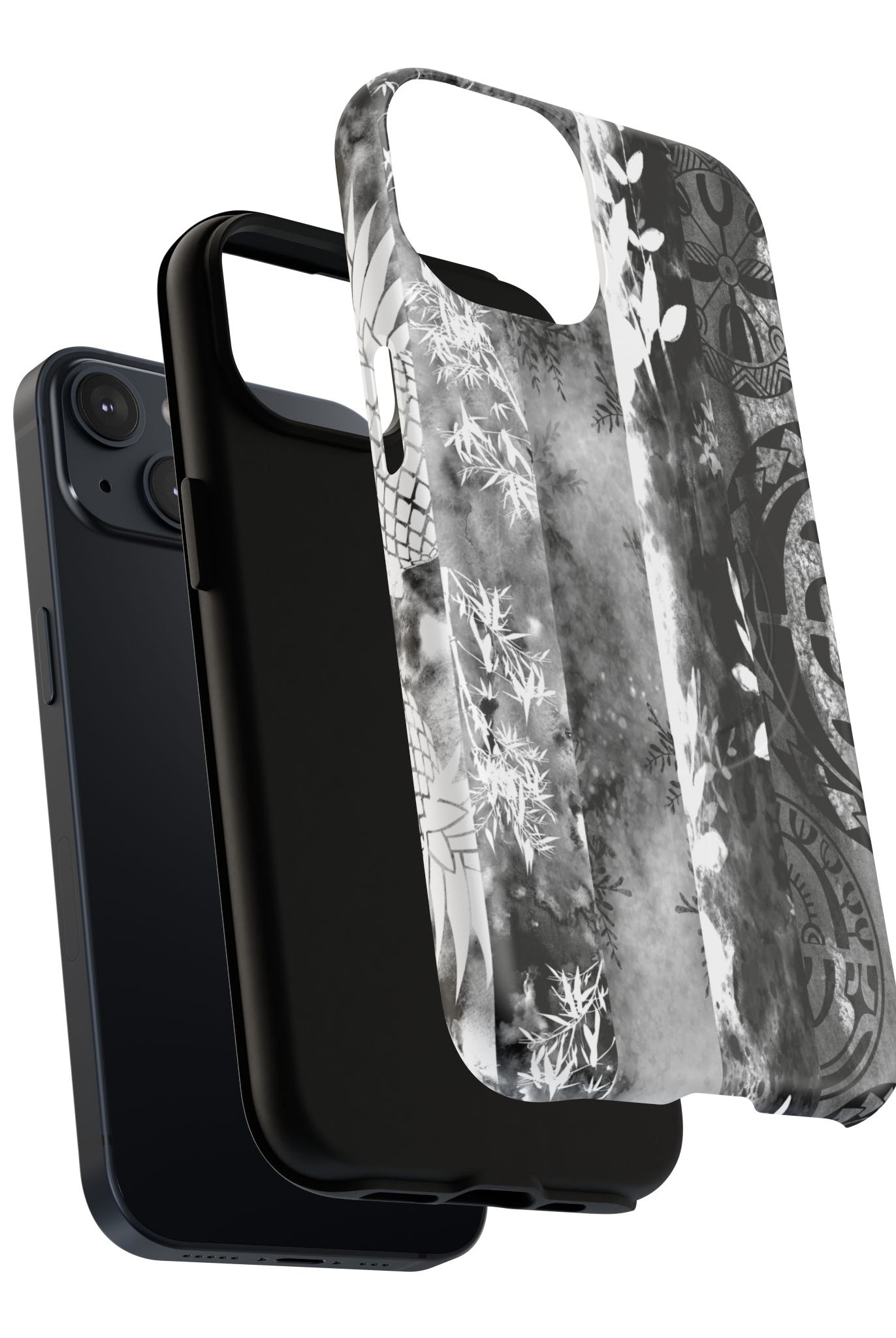 Woman holding Monochrome Oasis MagSafe iPhone Case - Hawaiian Black White Botanical Tribal Design - The Local Banyan