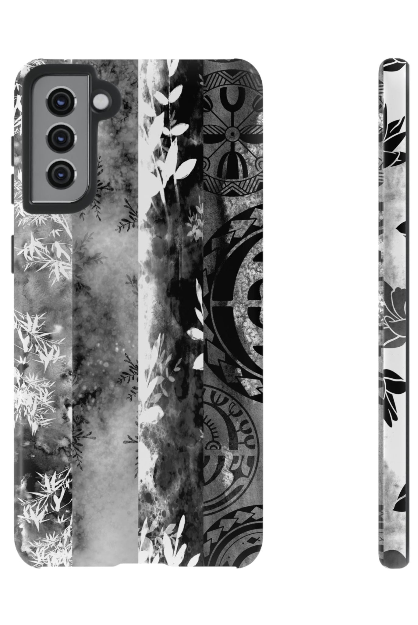 Monochrome Oasis Tough Samsung Galaxy Case Samsung Galaxy S21 Plus Glossy - Hawaiian Black White Botanical Tribal Design - The Local Banyan