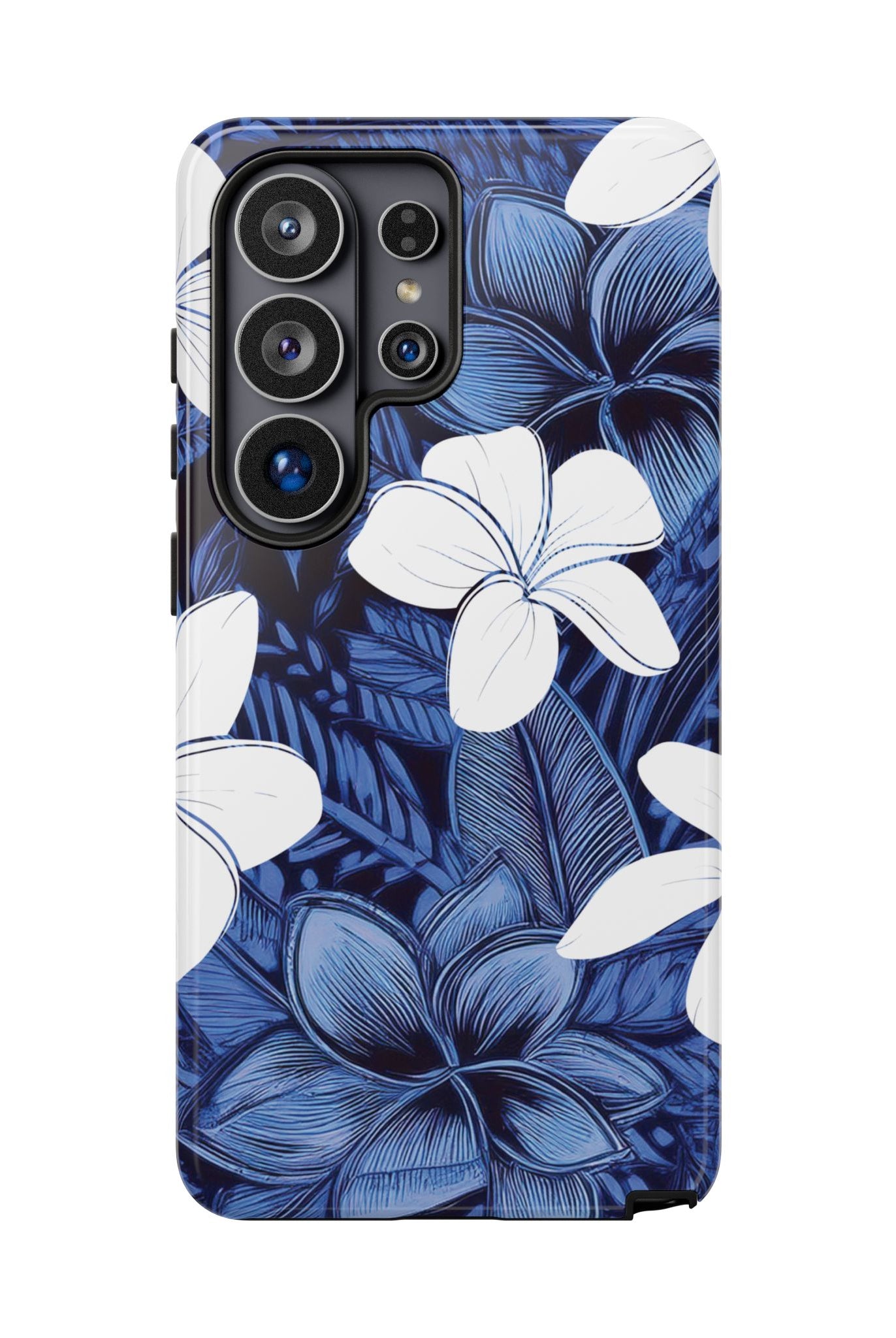 Eternal Blue Plumeria Tough Samsung Galaxy Case Side View - Dual Layer Drop Protection Hawaiian Phone Case - The Local Banyan