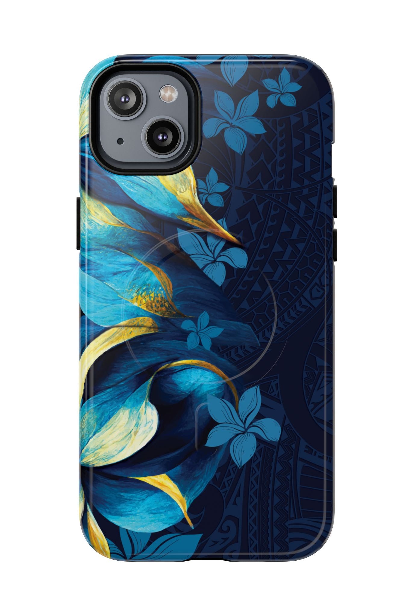 Po Mahina MagSafe iPhone Case iPhone 14 Plus Glossy - Hawaiian Moonlit Teal Gold Floral Design - The Local Banyan