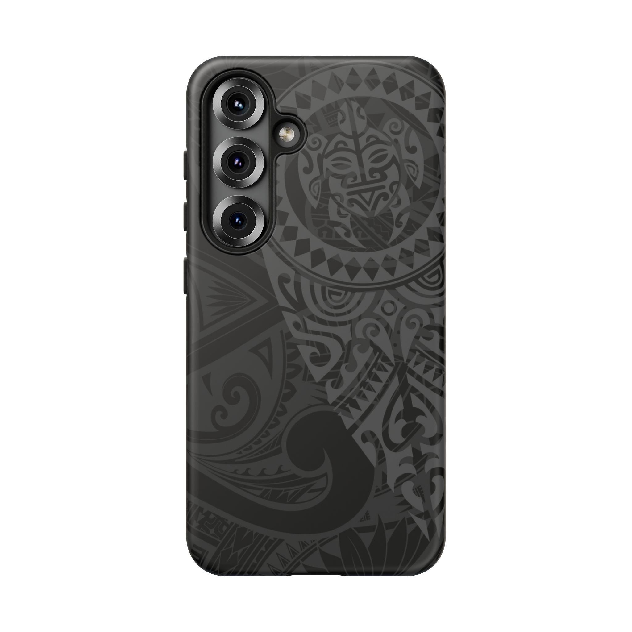 Woman holding Tribal Guardian Tough Samsung Galaxy Case - Hawaiian Black on Black Polynesian Tribal Design - The Local Banyan