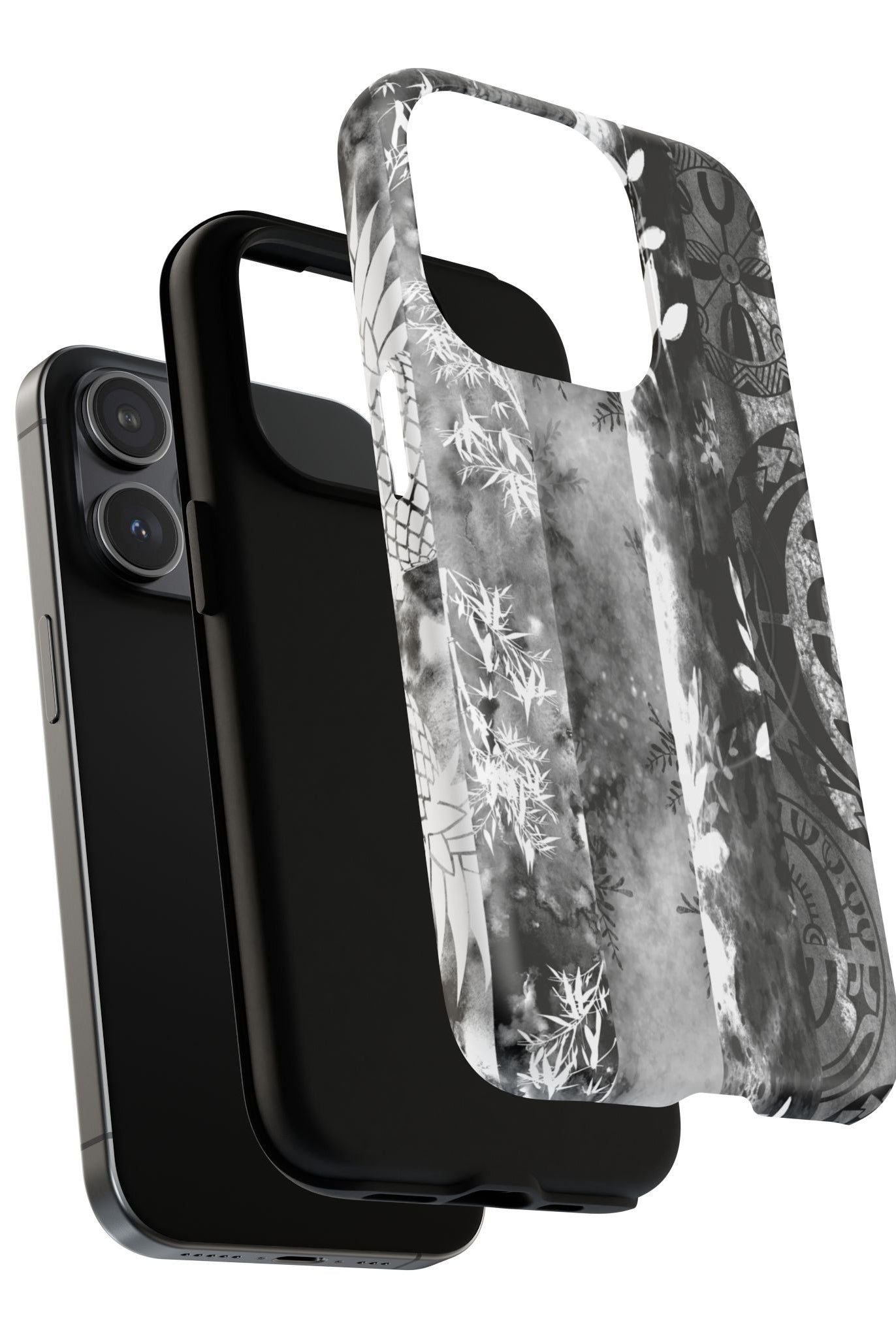 Woman holding Monochrome Oasis MagSafe iPhone Case - Hawaiian Black White Botanical Tribal Design - The Local Banyan