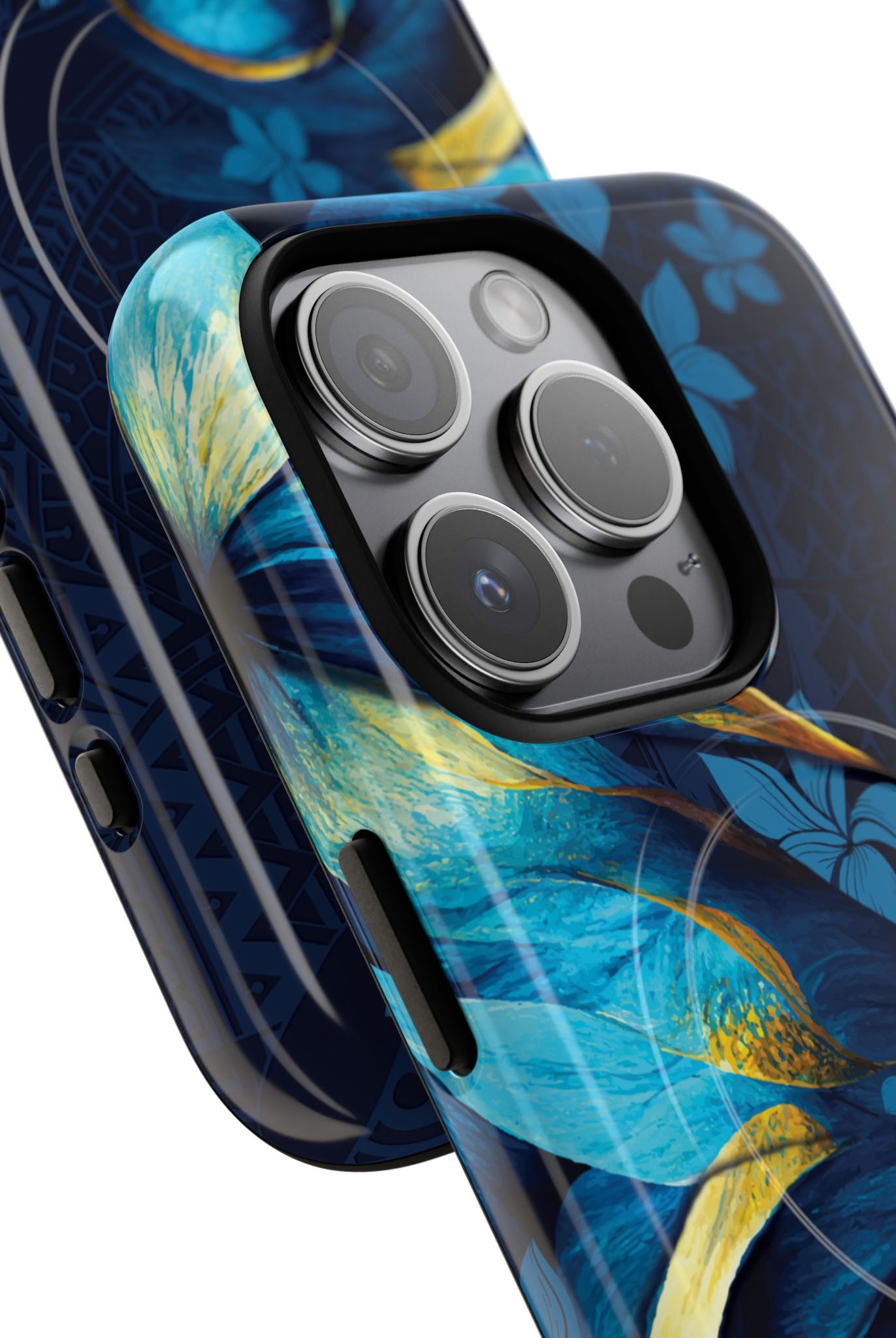 Woman holding Po Mahina MagSafe iPhone Case - Hawaiian Moonlit Teal Gold Floral Design - The Local Banyan