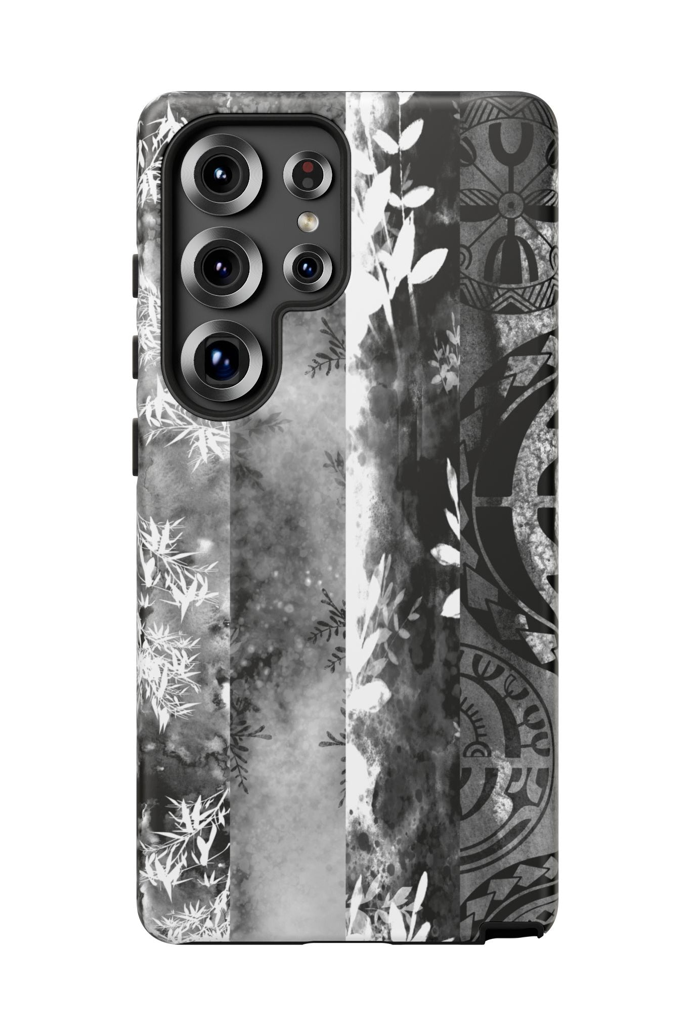 Monochrome Oasis Tough Samsung Galaxy Case Detail View - Hawaiian Black White Botanical Tribal Design Close Up - The Local Banyan
