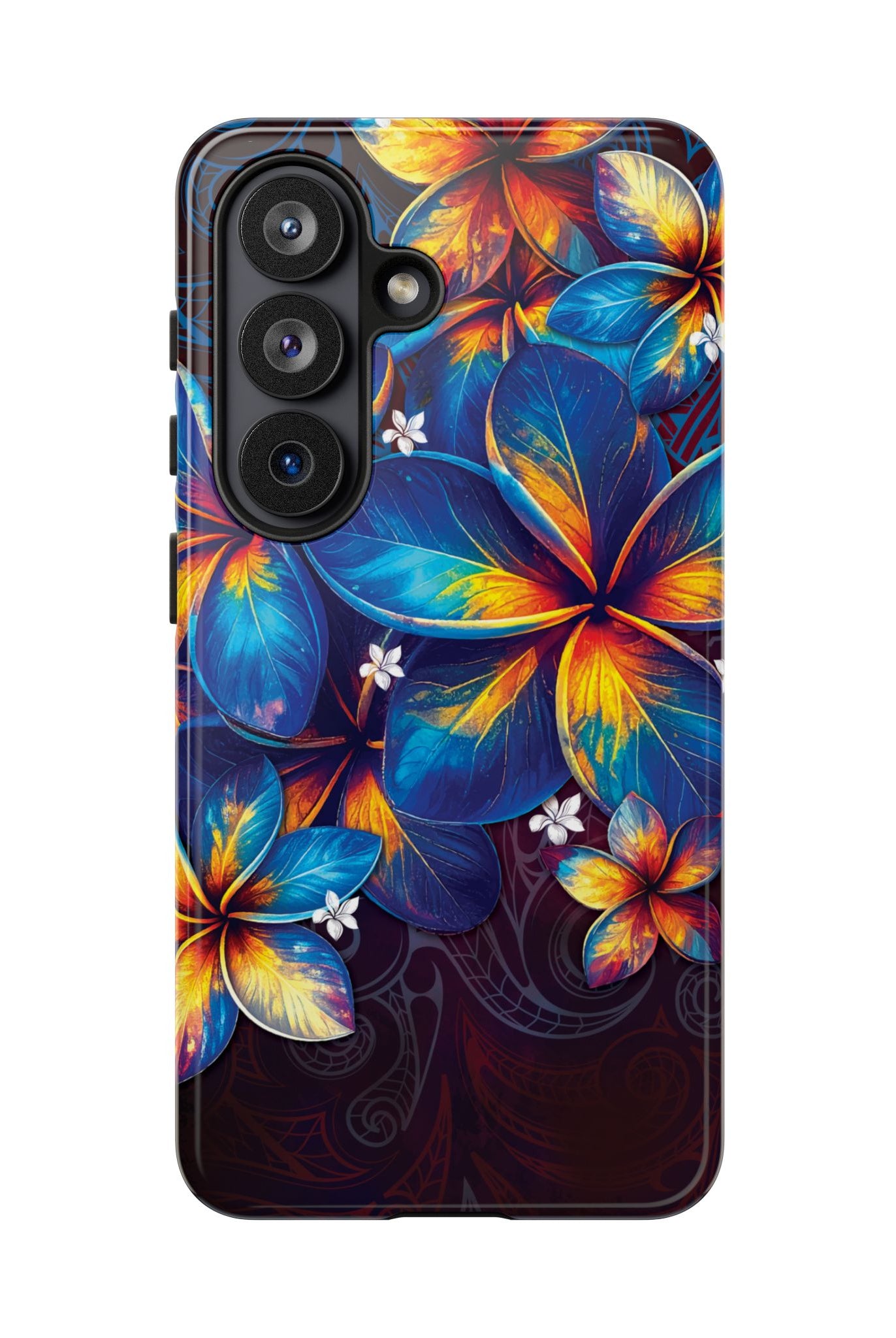 Woman holding Nohea Twilight Tough Samsung Galaxy Case - Hawaiian Blue Orange Plumeria Twilight Design - The Local Banyan