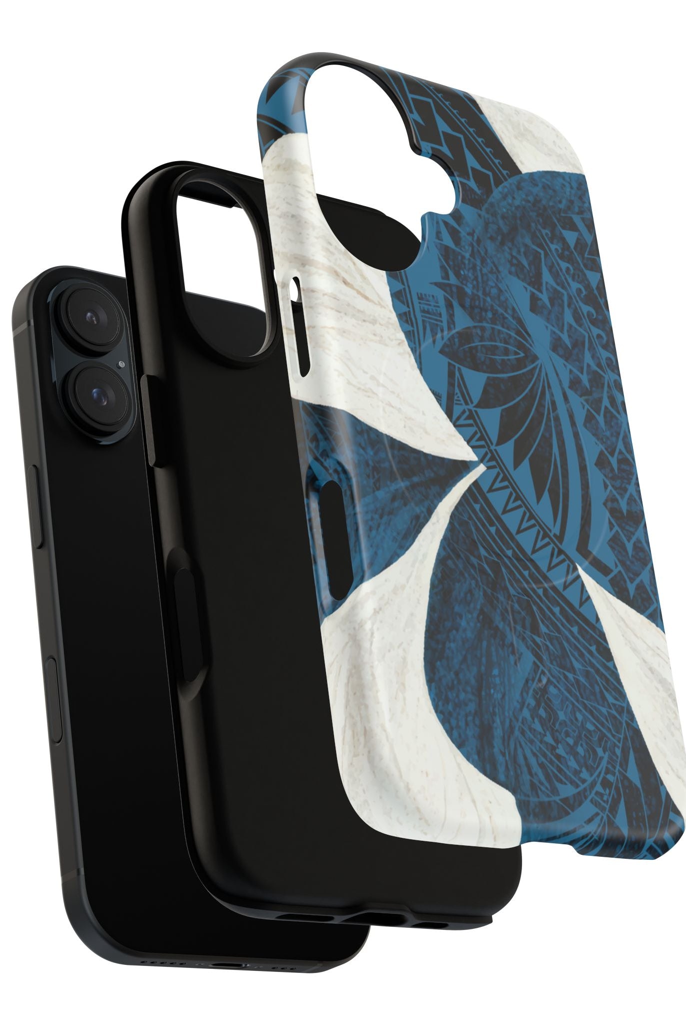 Woman holding Hana Breeze MagSafe iPhone Case - Hawaiian Blue Plumeria Polynesian Botanical Design - The Local Banyan