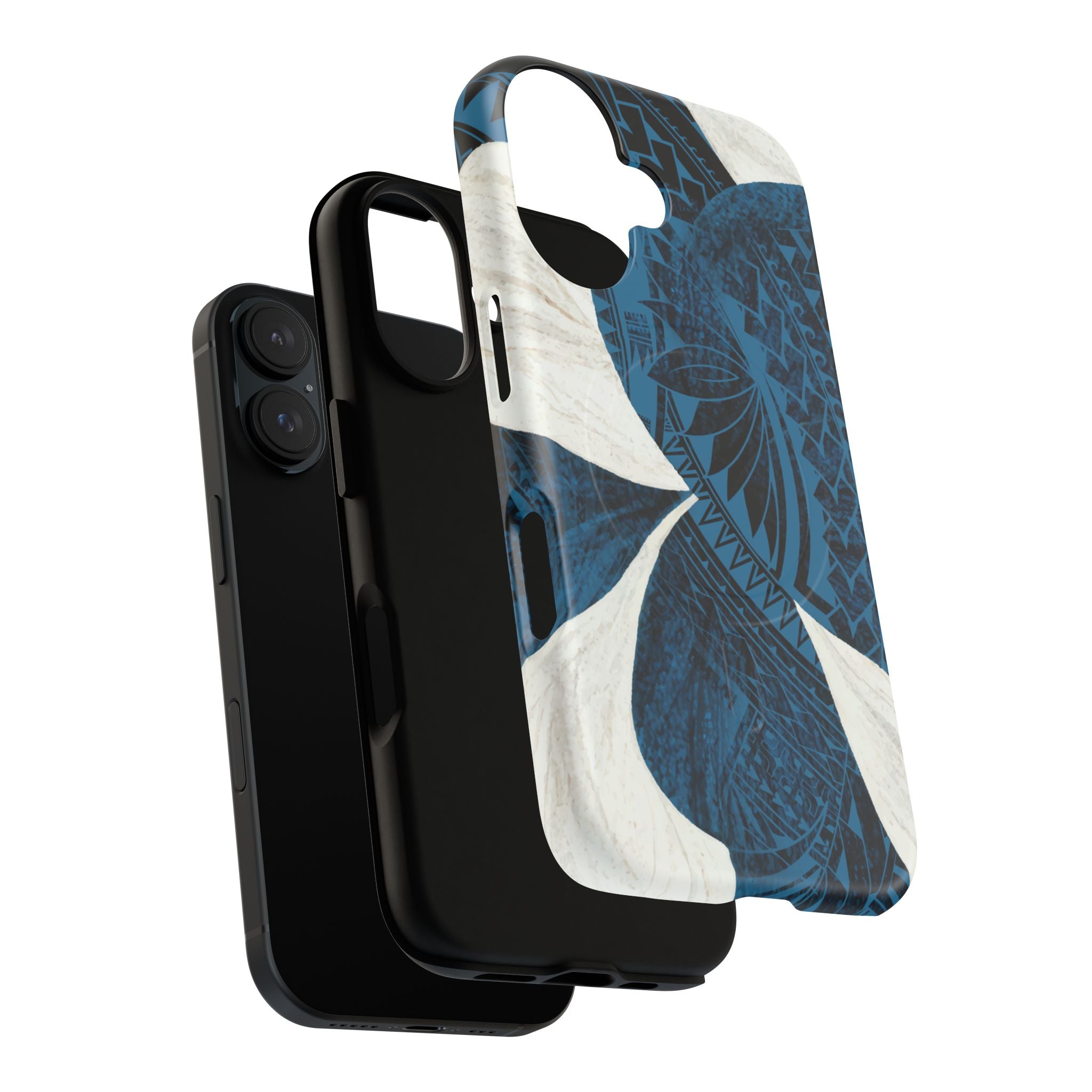 Woman holding Hana Breeze MagSafe iPhone Case - Hawaiian Blue Plumeria Polynesian Botanical Design - The Local Banyan