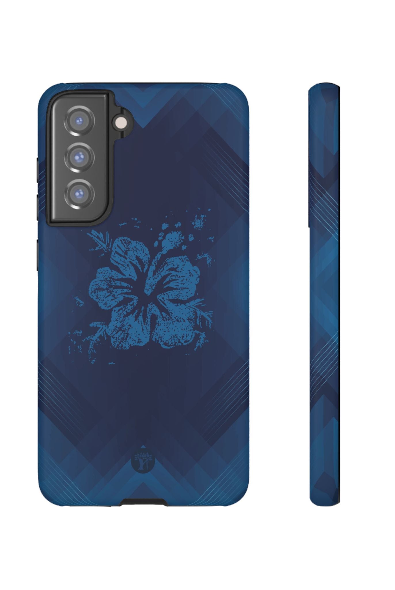 Kikokiko Lehua Tough Samsung Galaxy Case Samsung Galaxy S21 FE Matte - Hawaiian Navy Blue Geometric Hibiscus Design - The Local Banyan
