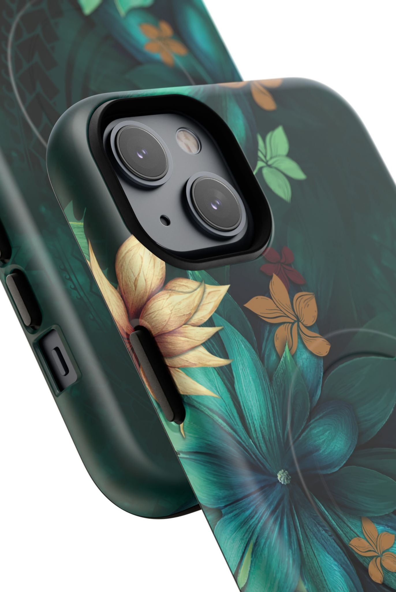 Woman holding Aloha Whispers MagSafe iPhone Case - Hawaiian Abstract Green Floral Polynesian Design - The Local Banyan