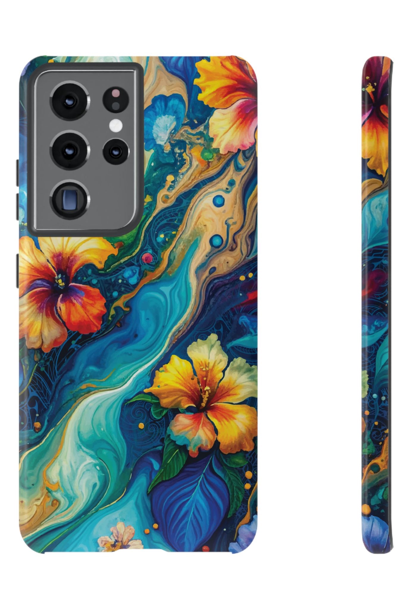 Aloalo Drift Tough Samsung Galaxy Case Samsung Galaxy S21 Ultra Glossy - Hawaiian Hibiscus Teal Ocean Wave Design - The Local Banyan