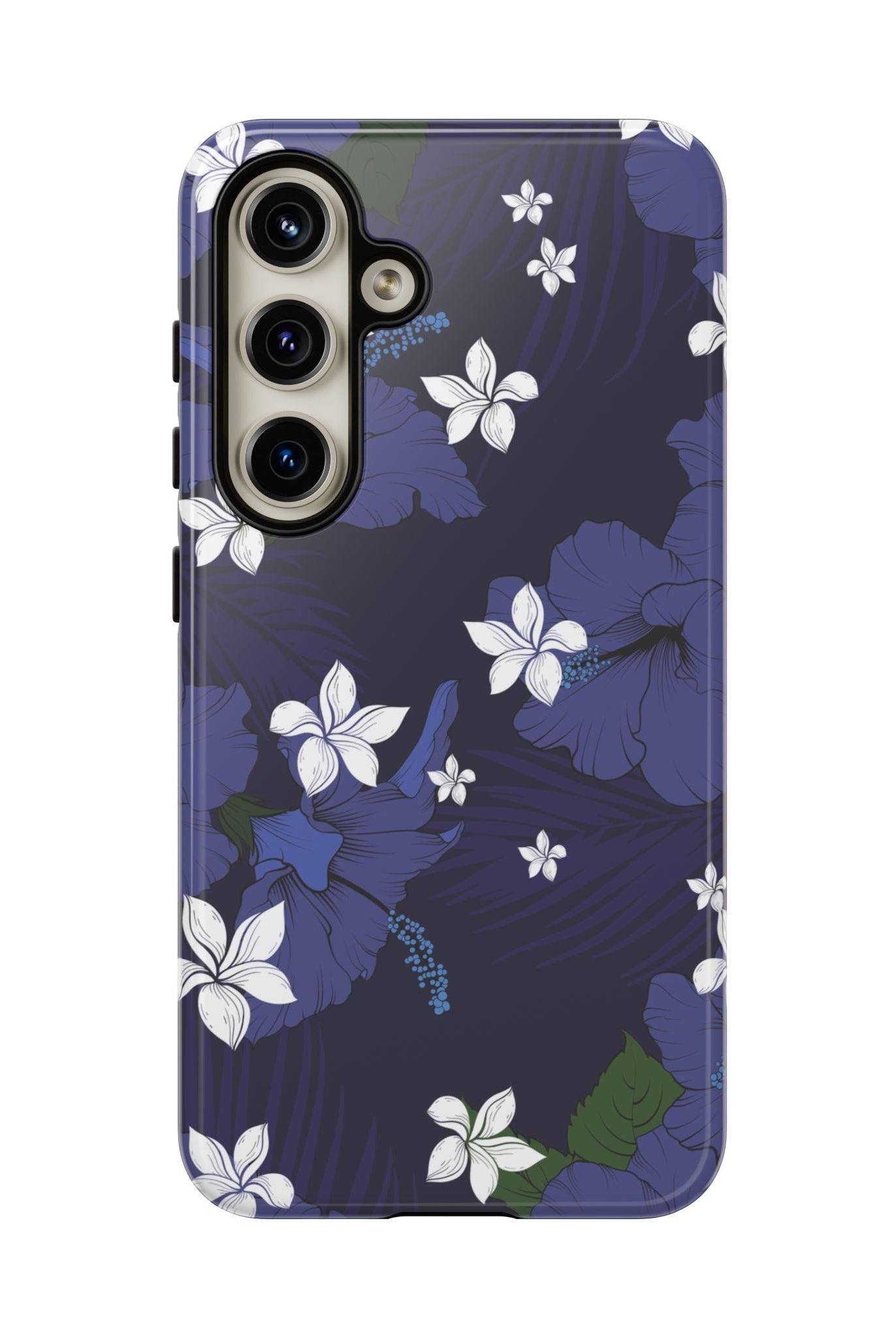 Vintage Blue Tough Samsung Galaxy Case Detail View - Hawaiian Indigo Hibiscus White Plumeria Design Close Up - The Local Banyan