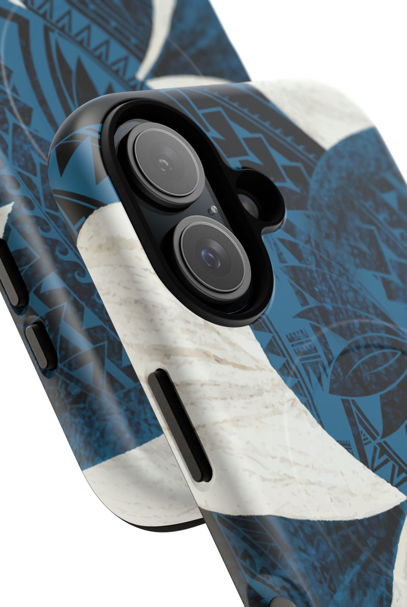 Hana Breeze MagSafe iPhone Case Detail View - Hawaiian Blue Plumeria Polynesian Botanical Design Close Up - The Local Banyan