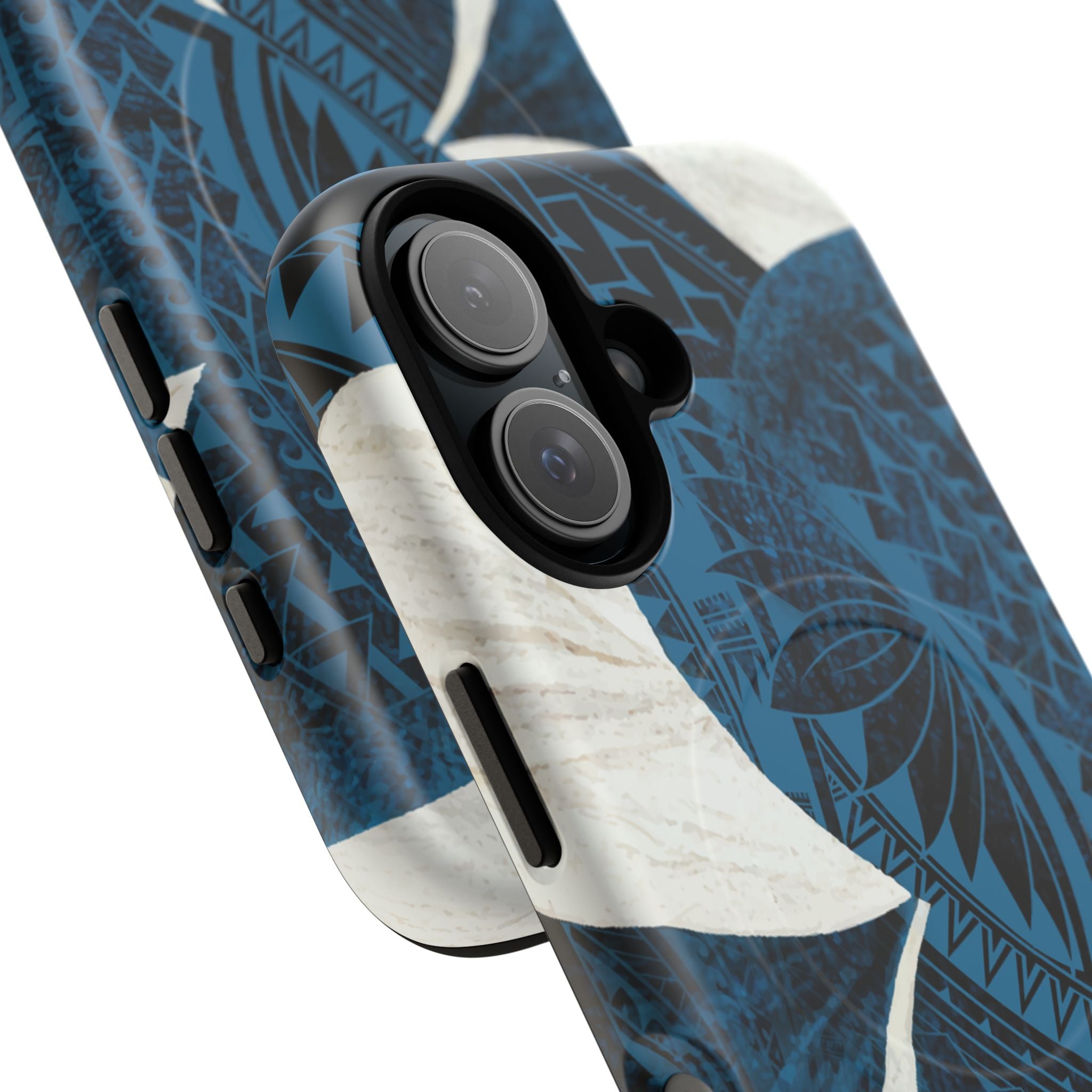 Hana Breeze MagSafe iPhone Case Detail View - Hawaiian Blue Plumeria Polynesian Botanical Design Close Up - The Local Banyan