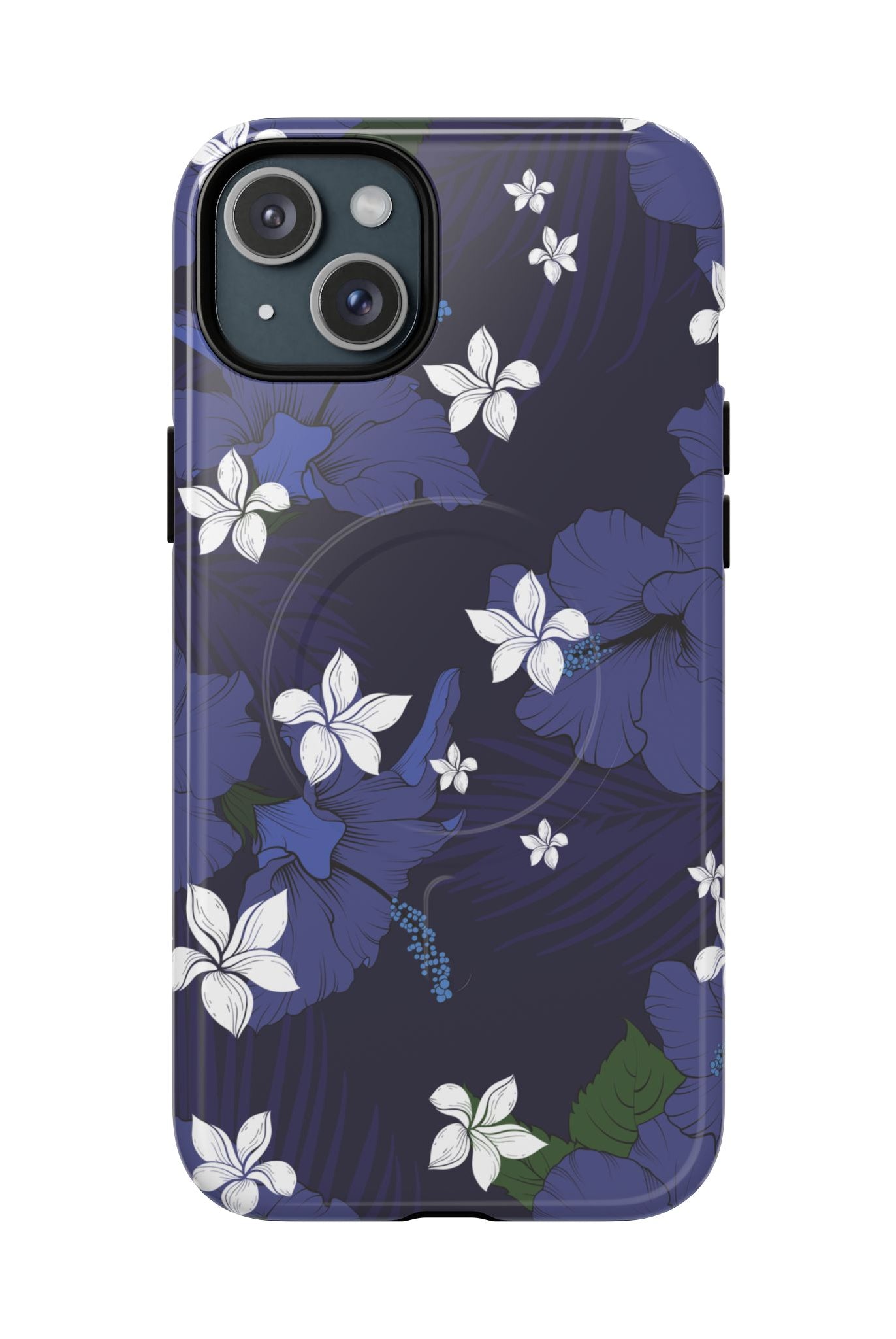 Vintage Blue MagSafe iPhone Case iPhone 15 Plus Glossy - Hawaiian Indigo Hibiscus White Plumeria Design - The Local Banyan