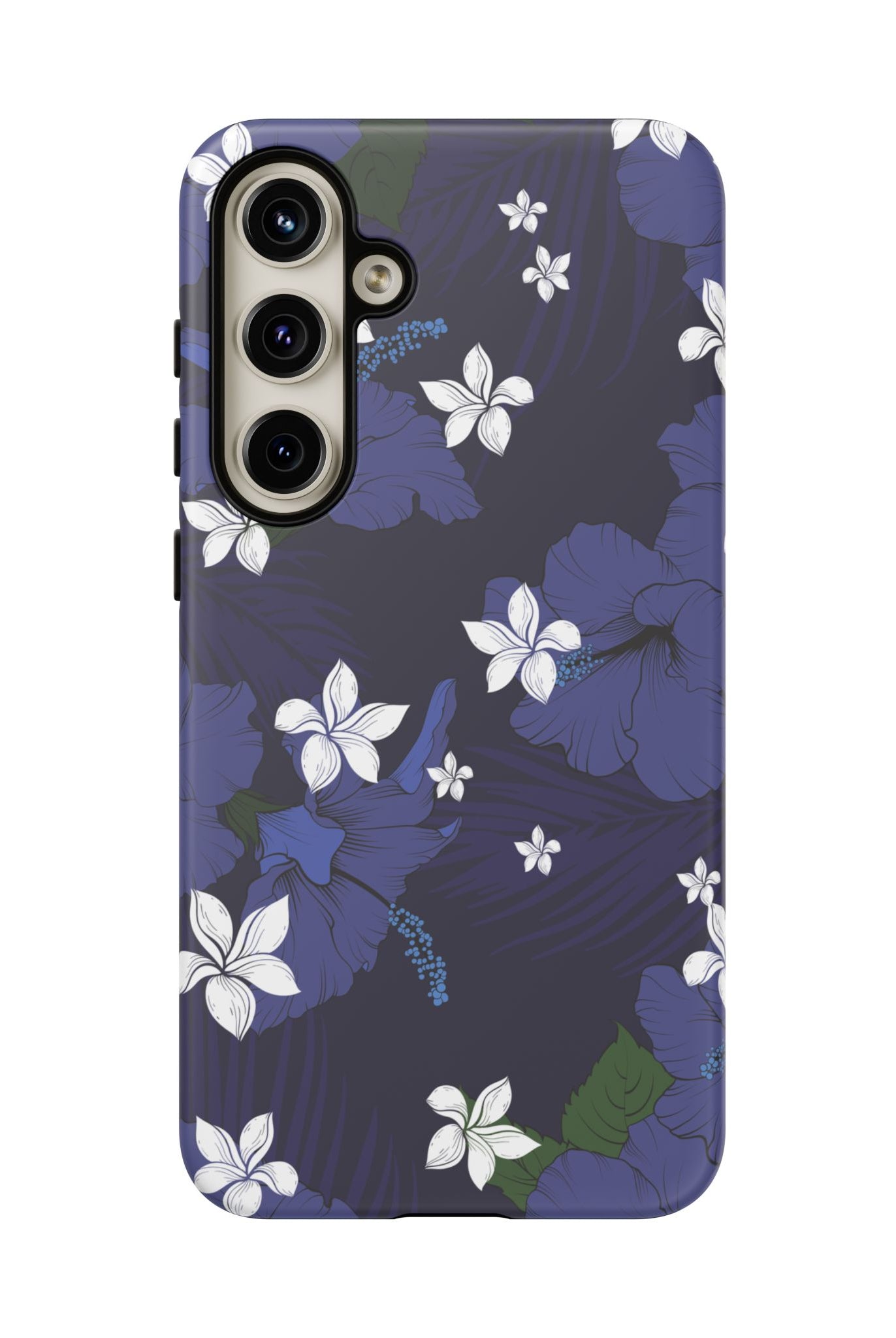 Vintage Blue Tough Samsung Galaxy Case Detail View - Hawaiian Indigo Hibiscus White Plumeria Design Close Up - The Local Banyan