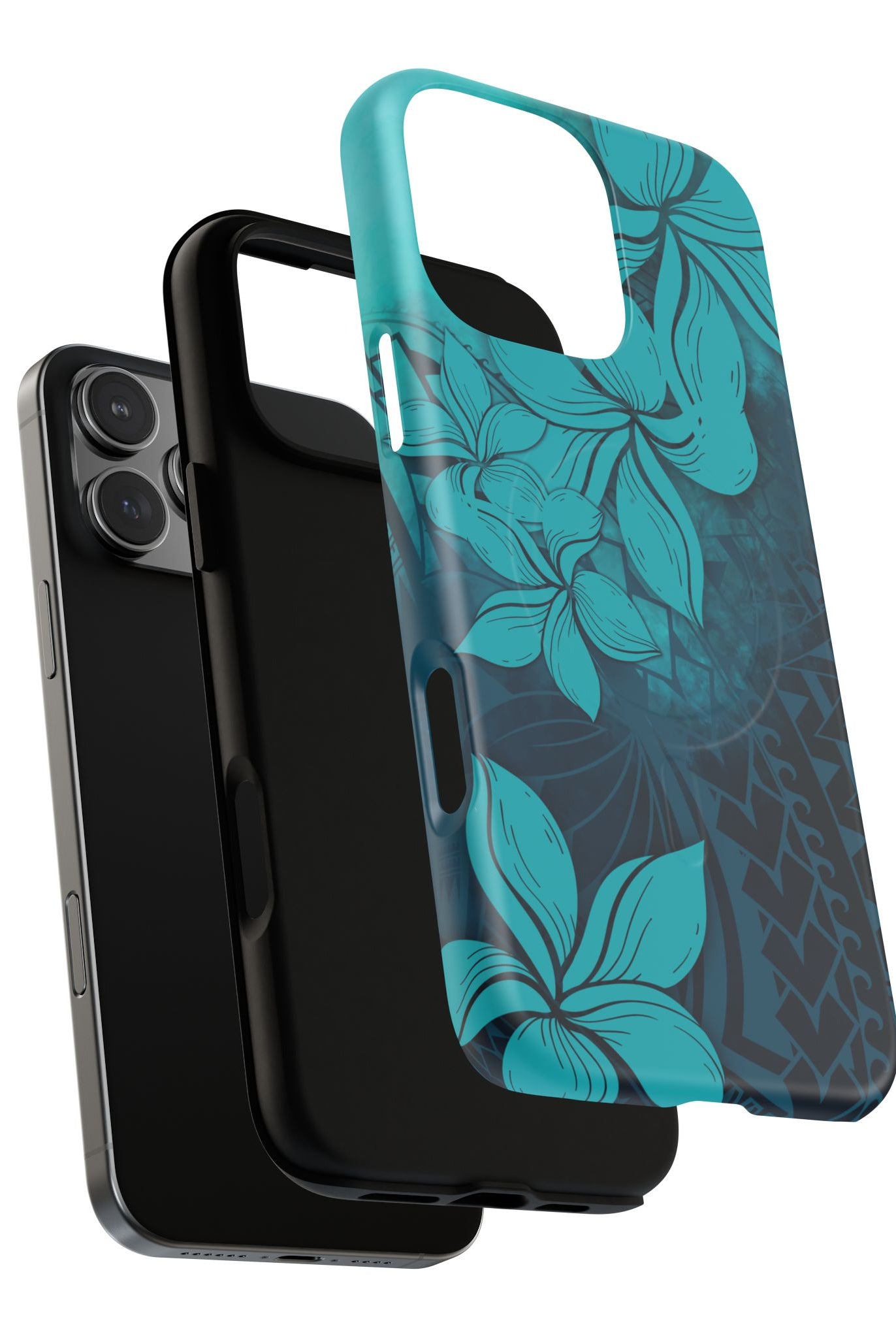 Moana Bloom MagSafe iPhone Case Detail View - Hawaiian Teal Plumeria Ocean Tribal Design Close Up - The Local Banyan