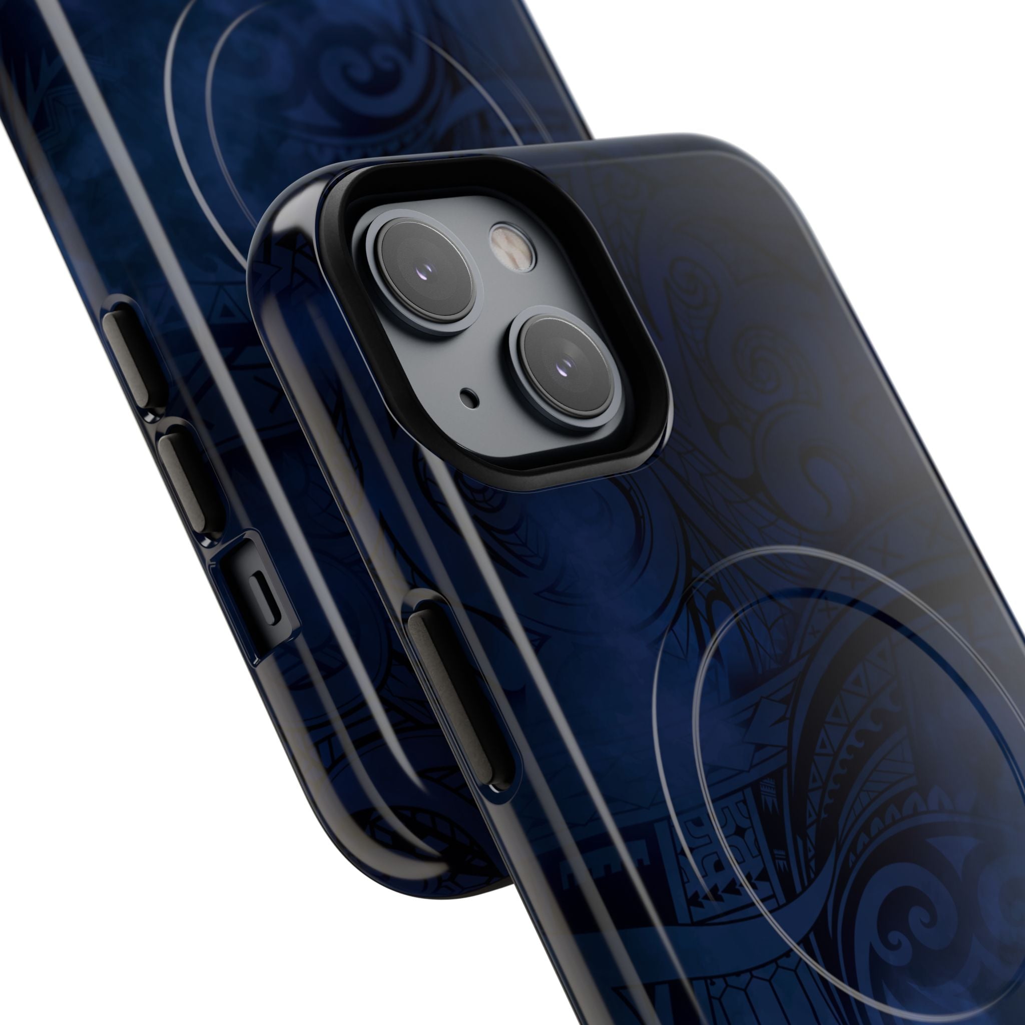 Woman holding Midnight Essence MagSafe iPhone Case - Hawaiian Midnight Navy Polynesian Tribal Design - The Local Banyan
