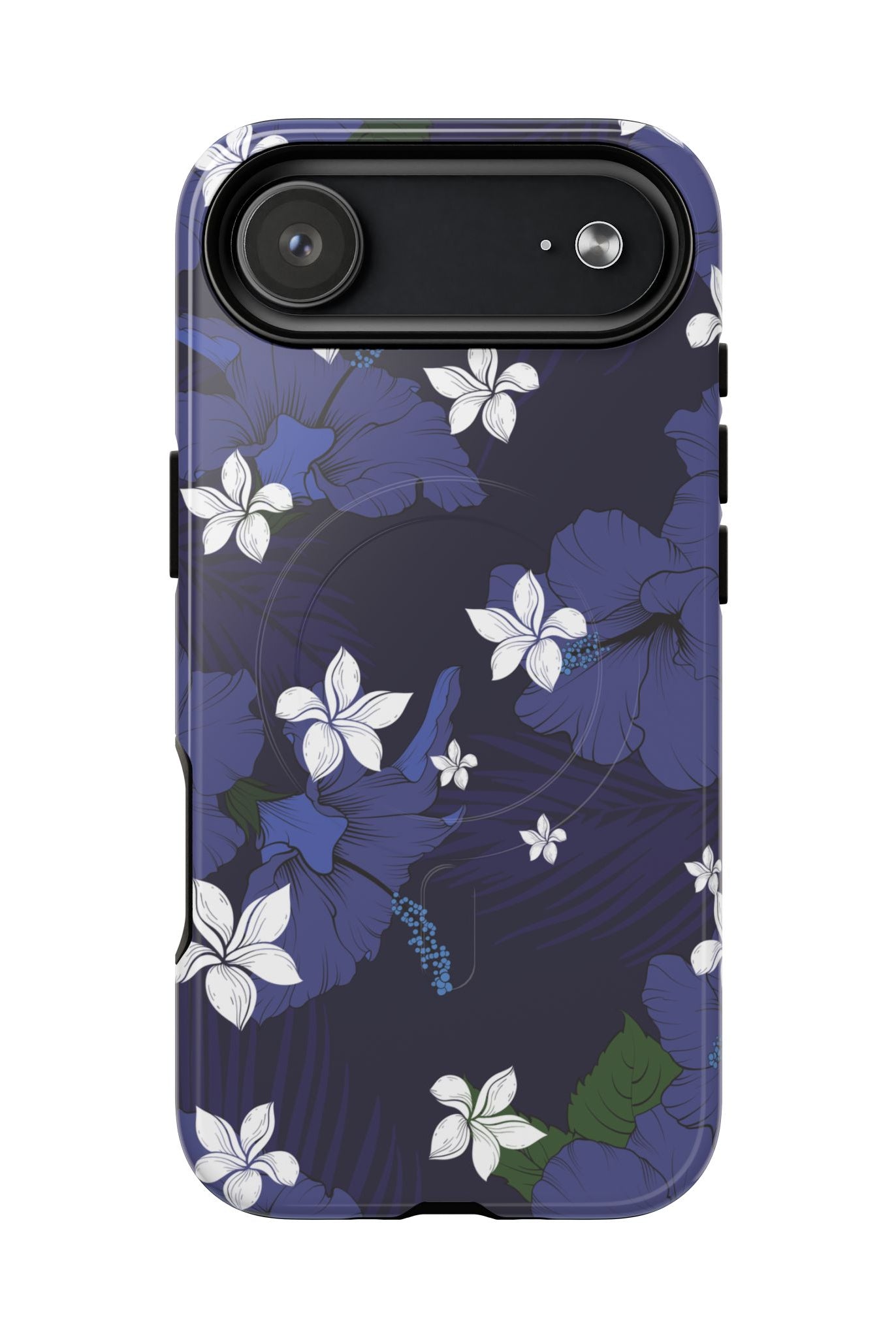 Vintage Blue MagSafe iPhone Case Detail View - Hawaiian Indigo Hibiscus White Plumeria Design Close Up - The Local Banyan