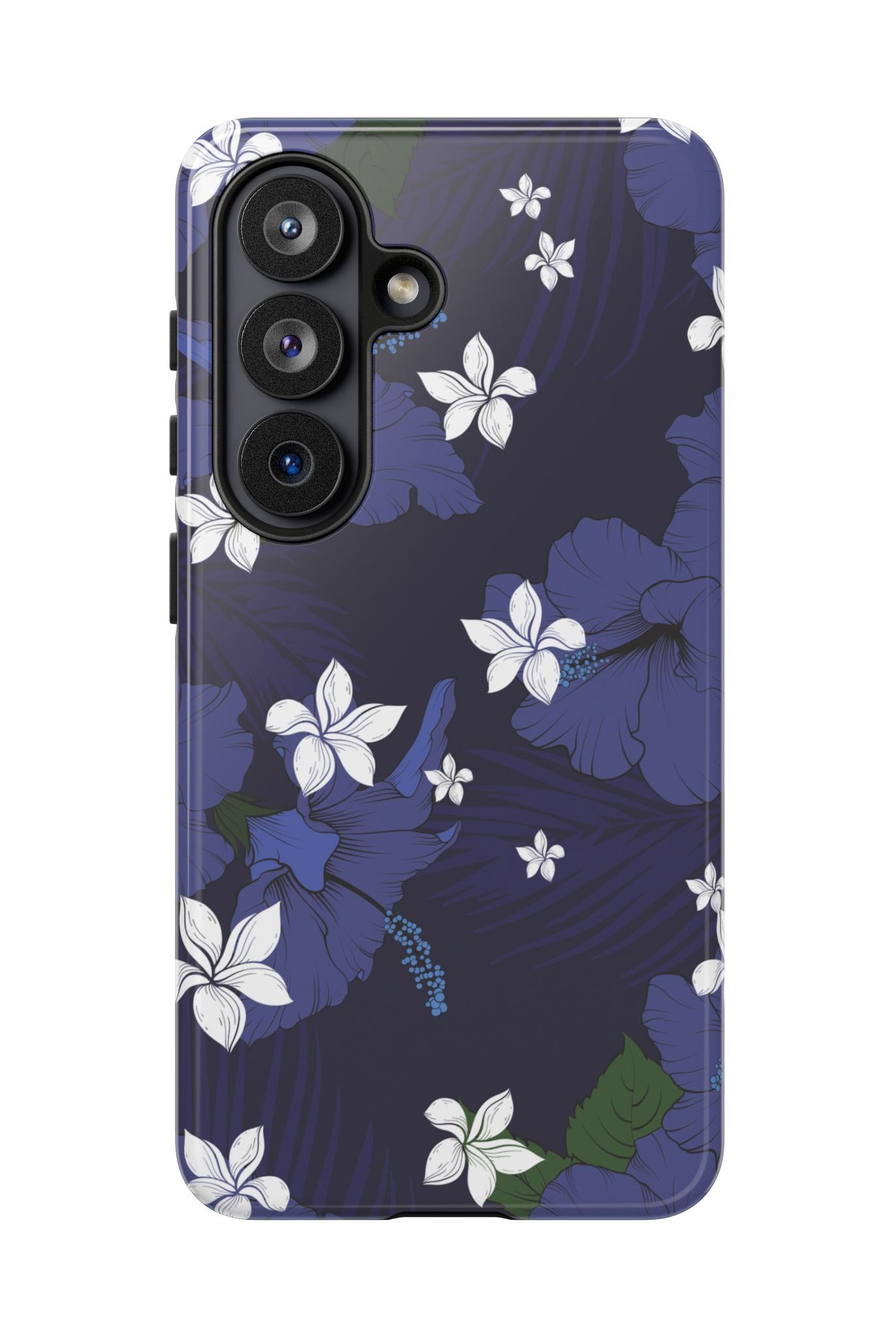 Vintage Blue Tough Samsung Galaxy Case Detail View - Hawaiian Indigo Hibiscus White Plumeria Design Close Up - The Local Banyan