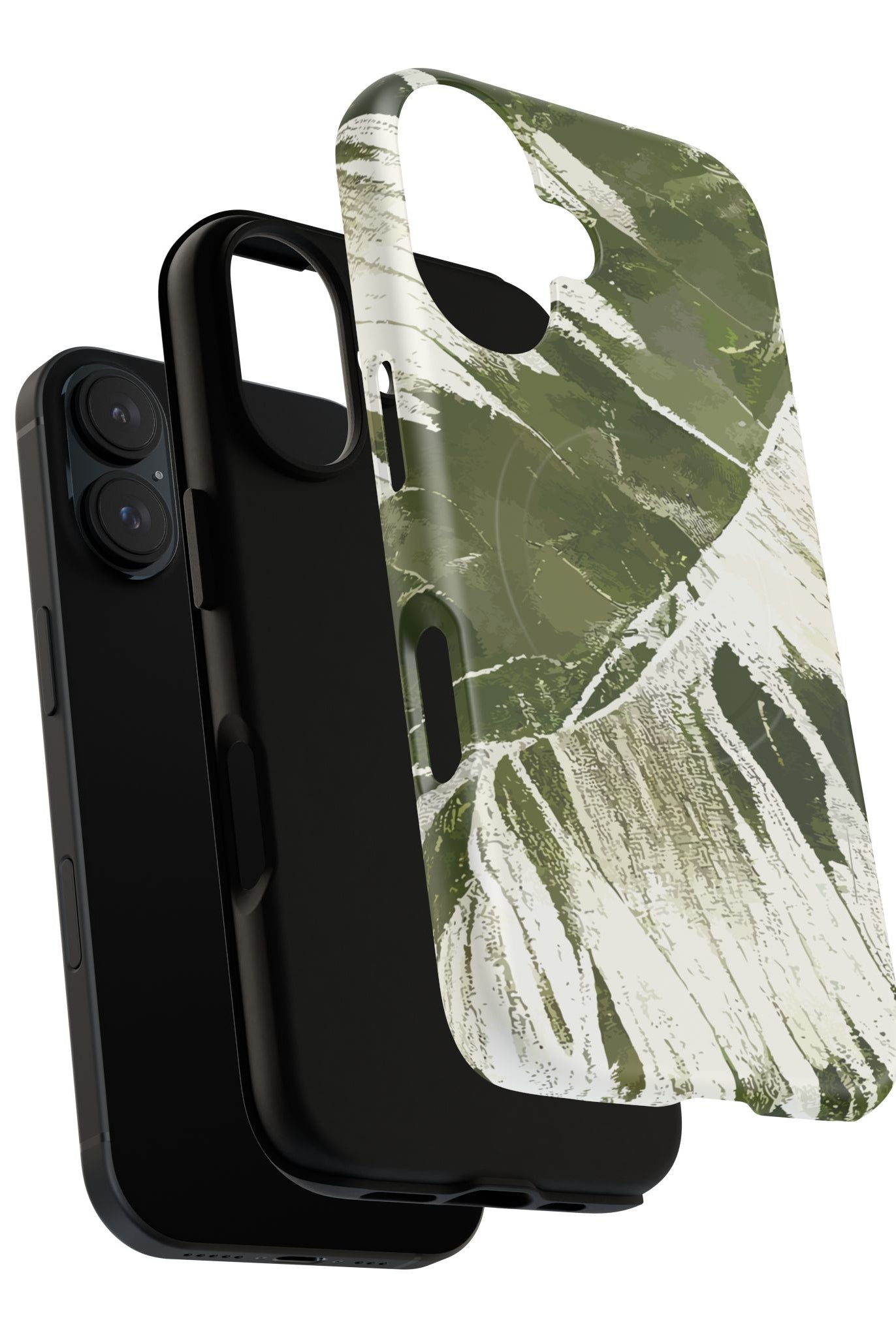 Woman holding Island Breeze MagSafe iPhone Case - Hawaiian Palm Leaf Olive Green Botanical Design - The Local Banyan