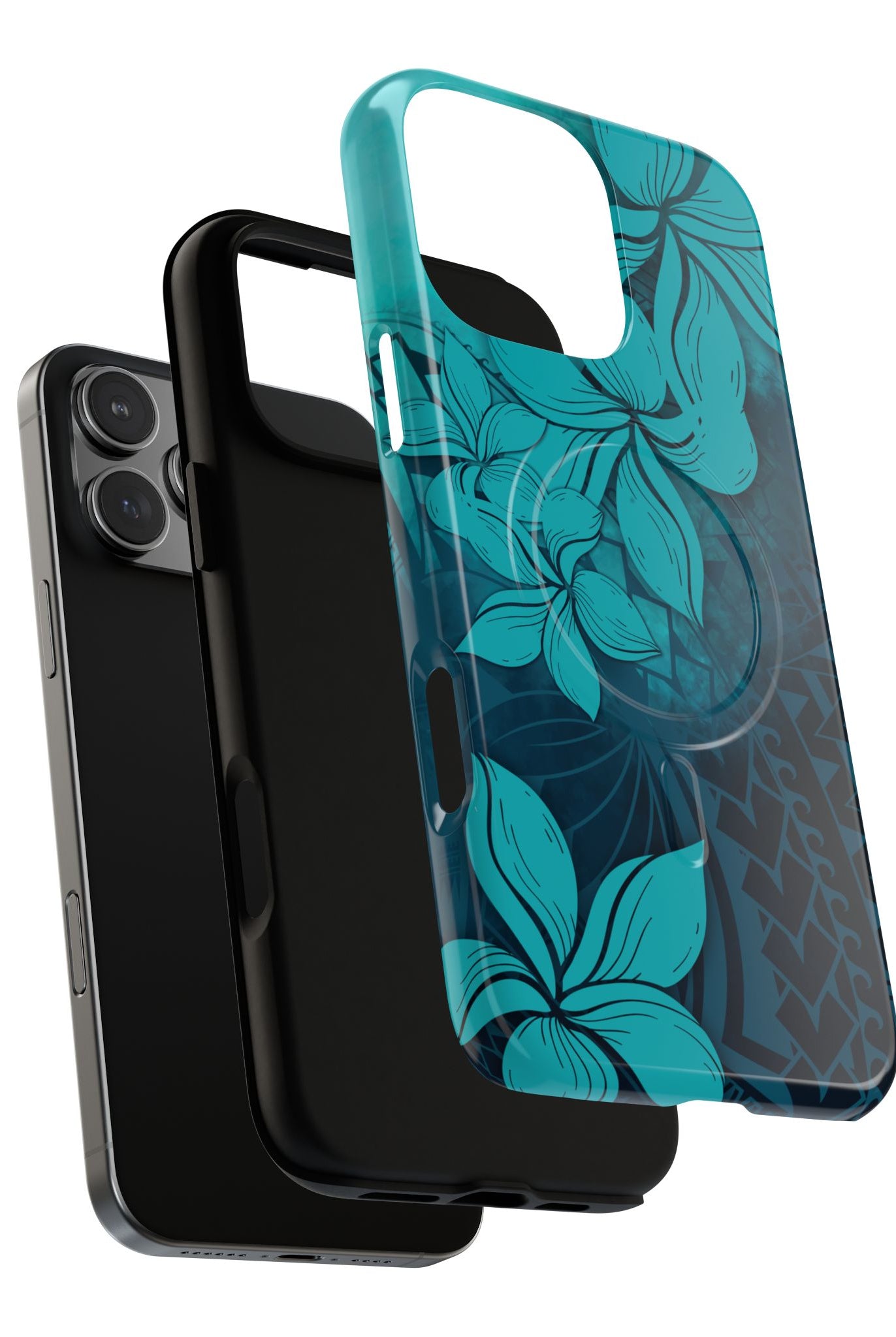 Woman holding Moana Bloom MagSafe iPhone Case - Hawaiian Teal Plumeria Ocean Tribal Design - The Local Banyan