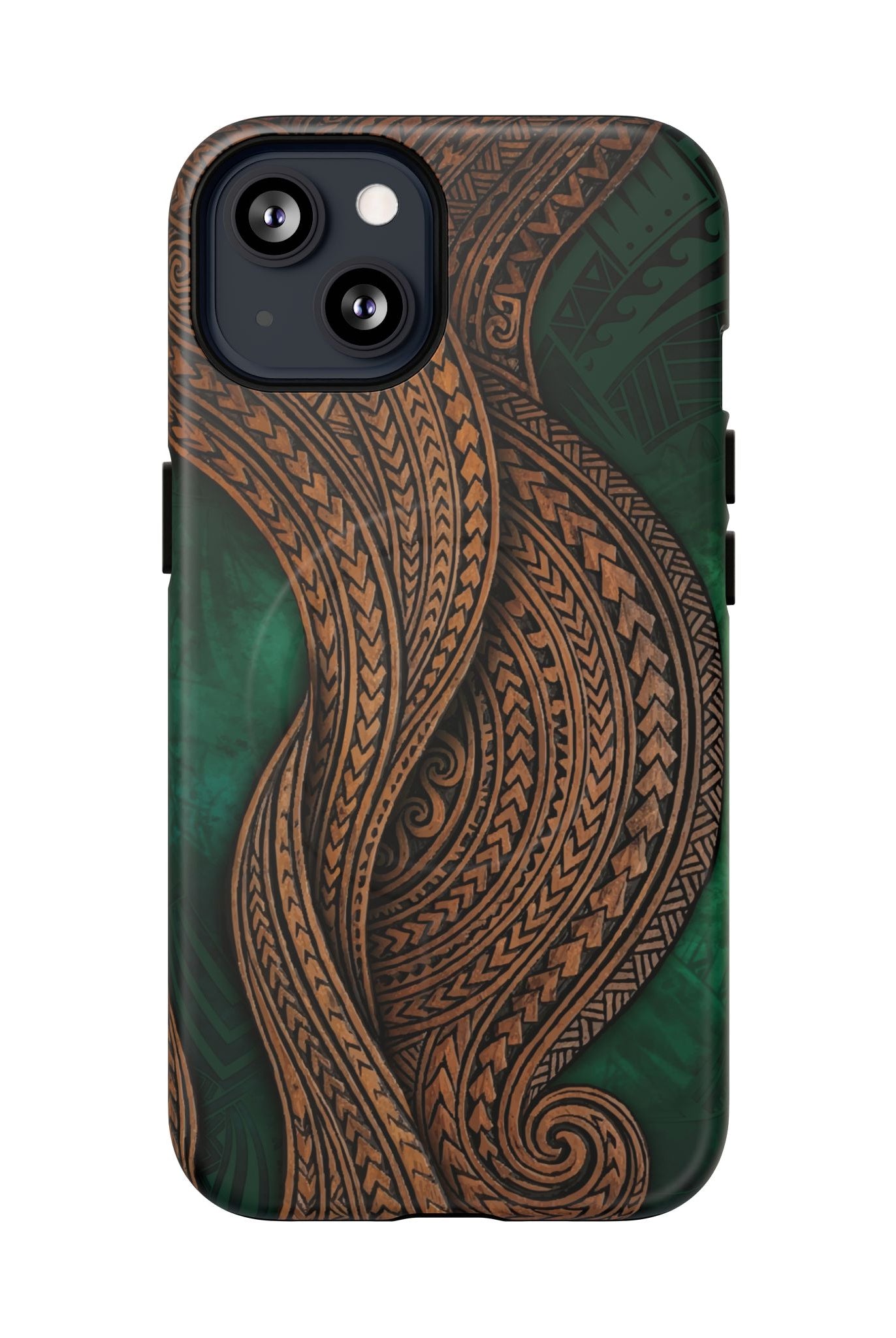 Island Kalai MagSafe iPhone Case Detail View - Hawaiian Carved Wood Grain Emerald Green Tribal Design Close Up - The Local Banyan