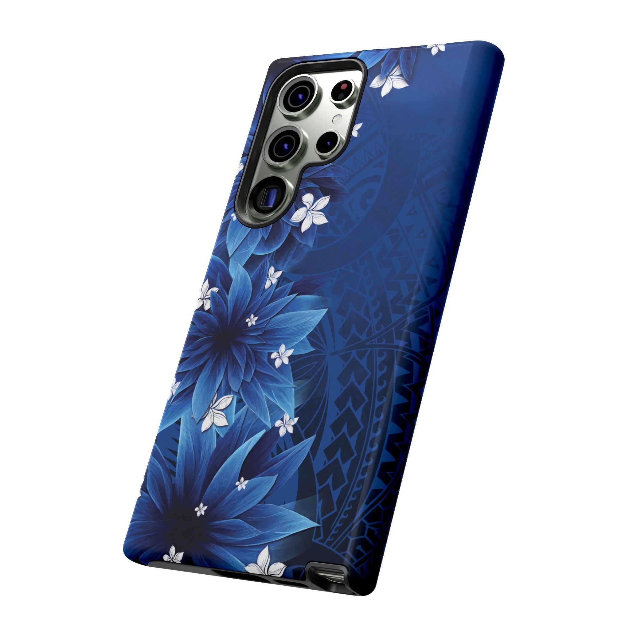 Woman holding Hoku Pua Tough Samsung Galaxy Case - Hawaiian Blue Star Flower Polynesian Design - The Local Banyan