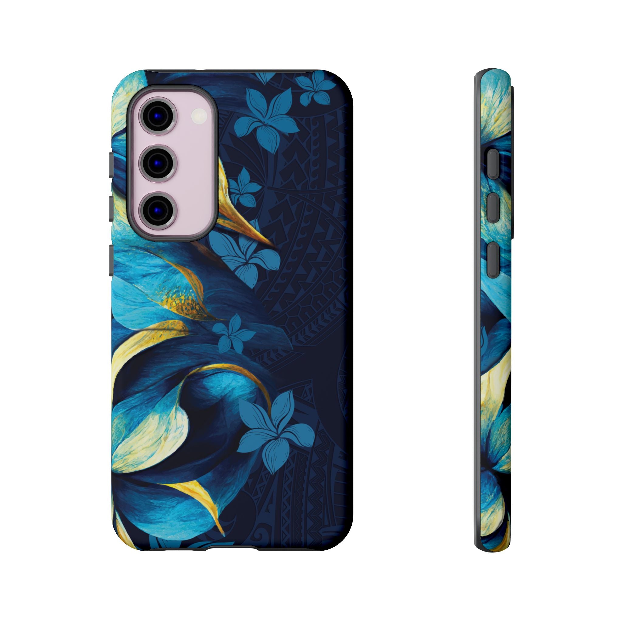 Woman holding Po Mahina Tough Samsung Galaxy Case - Hawaiian Moonlit Teal Gold Floral Design - The Local Banyan