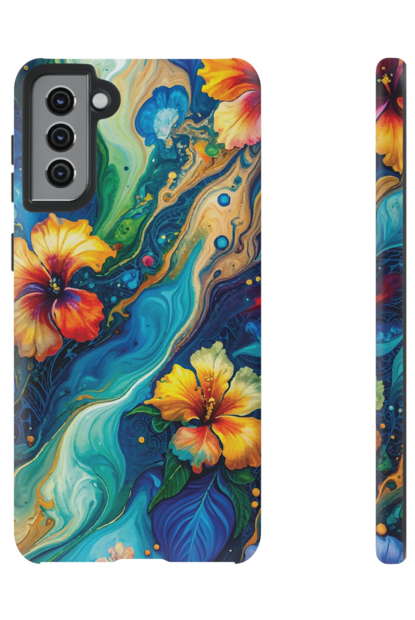 Aloalo Drift Tough Samsung Galaxy Case Samsung Galaxy S21 Plus Matte - Hawaiian Hibiscus Teal Ocean Wave Design - The Local Banyan