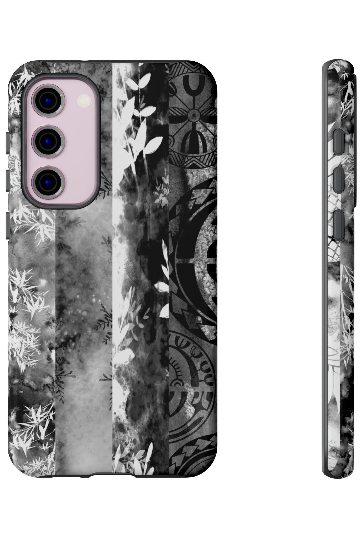 Monochrome Oasis Tough Samsung Galaxy Case Detail View - Hawaiian Black White Botanical Tribal Design Close Up - The Local Banyan
