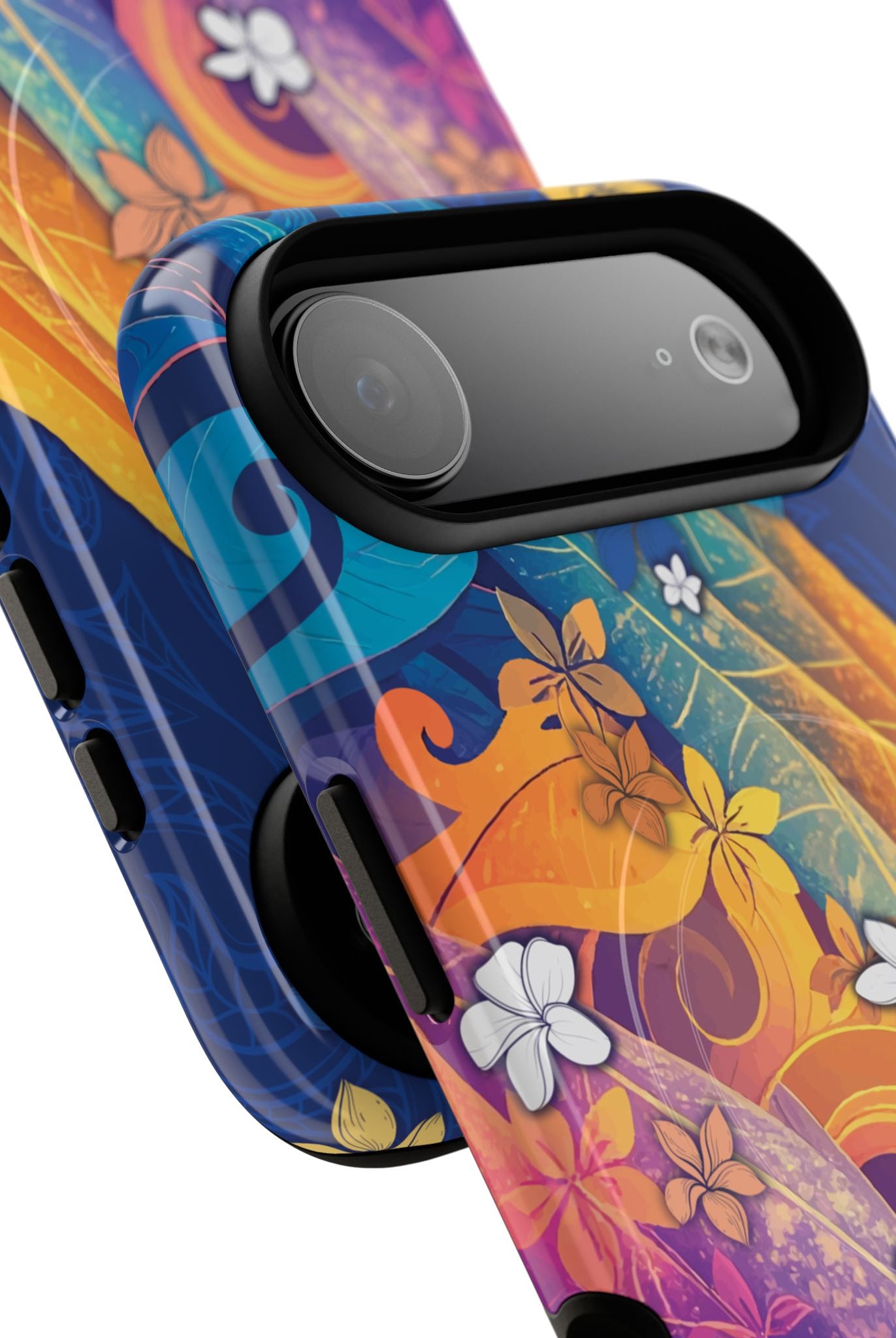 Woman holding Mauna Sunrise MagSafe iPhone Case - Hawaiian Colorful Sunrise Plumeria Design - The Local Banyan