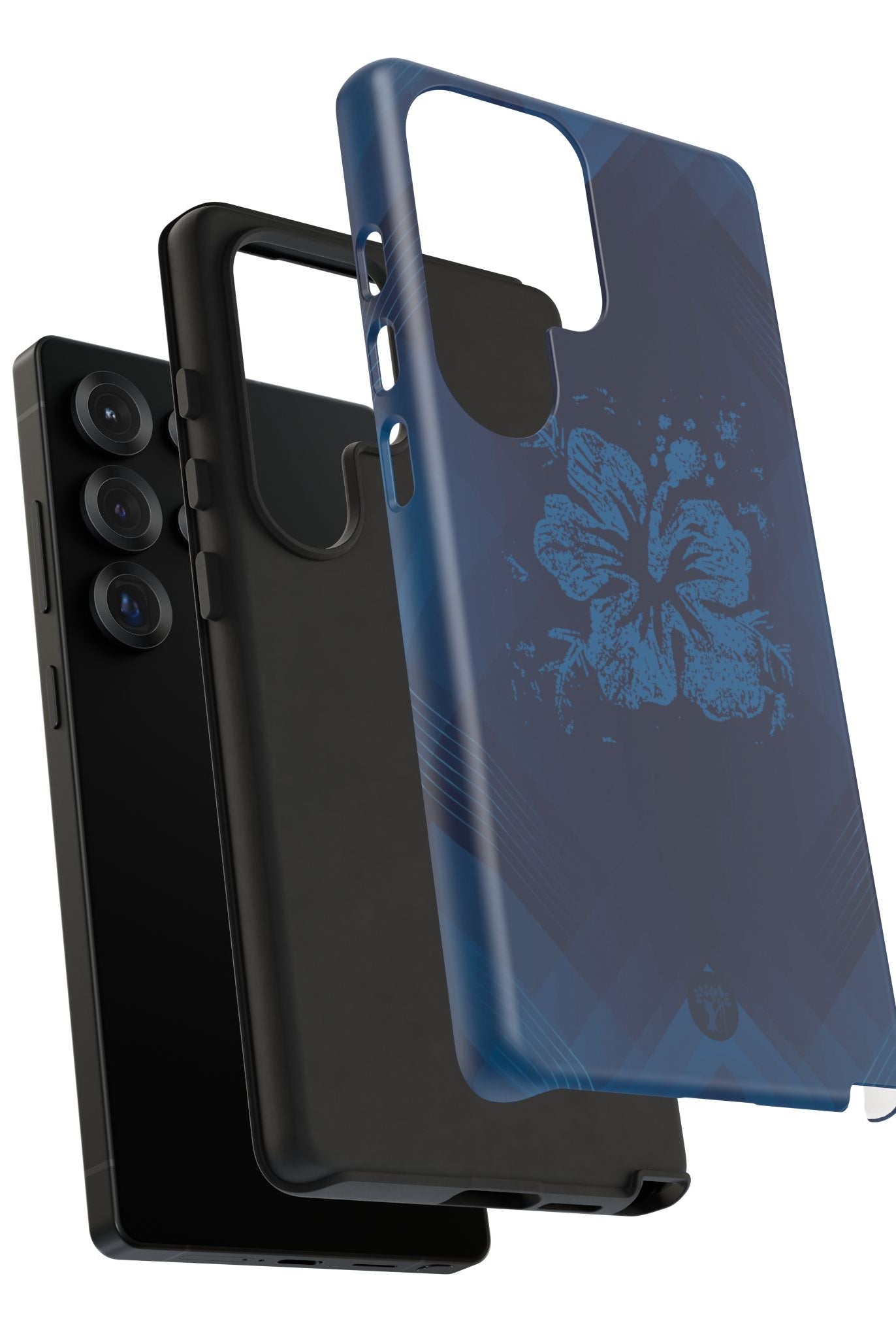 Kikokiko Lehua Tough Samsung Galaxy Case Detail View - Hawaiian Navy Blue Geometric Hibiscus Design Close Up - The Local Banyan