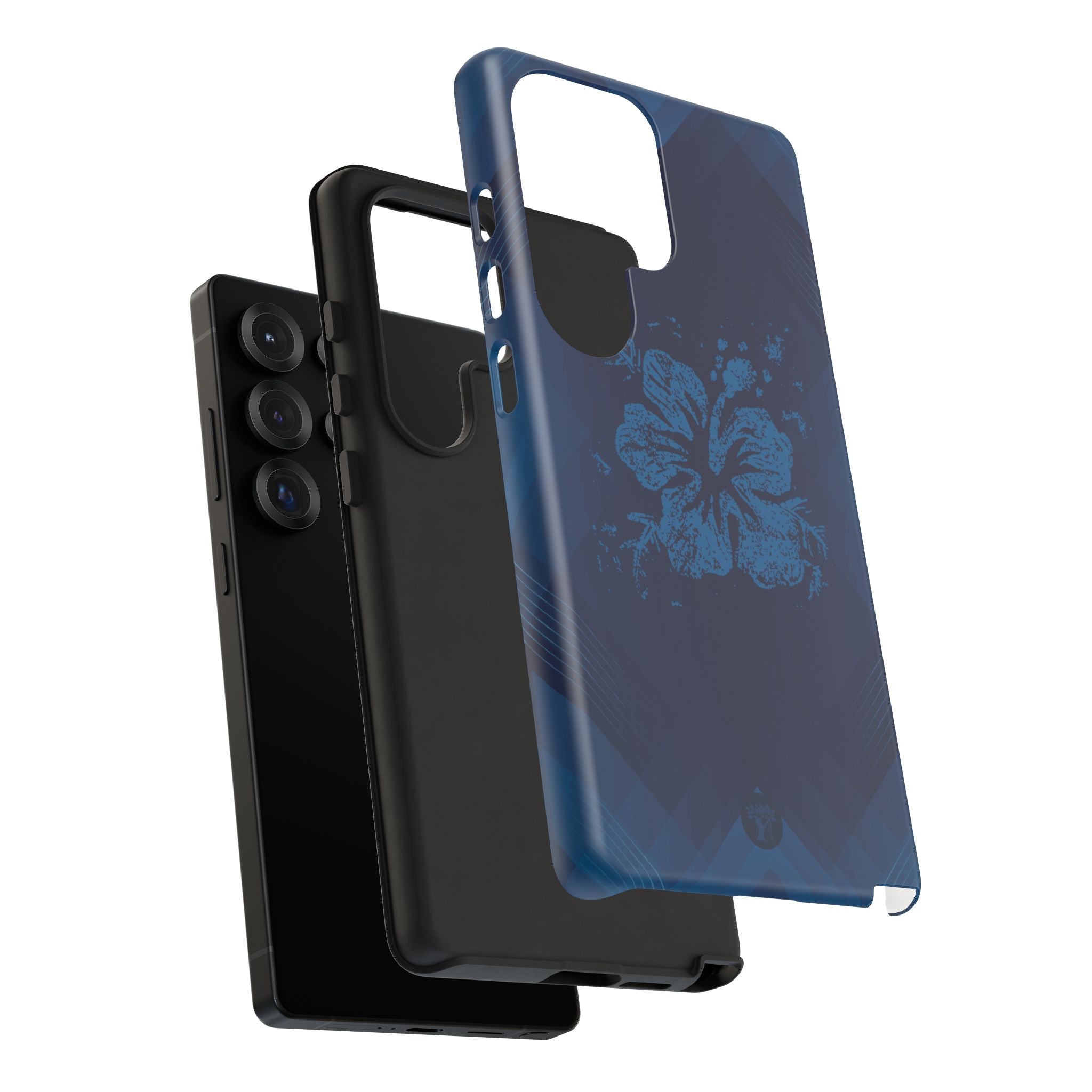 Kikokiko Lehua Tough Samsung Galaxy Case Detail View - Hawaiian Navy Blue Geometric Hibiscus Design Close Up - The Local Banyan