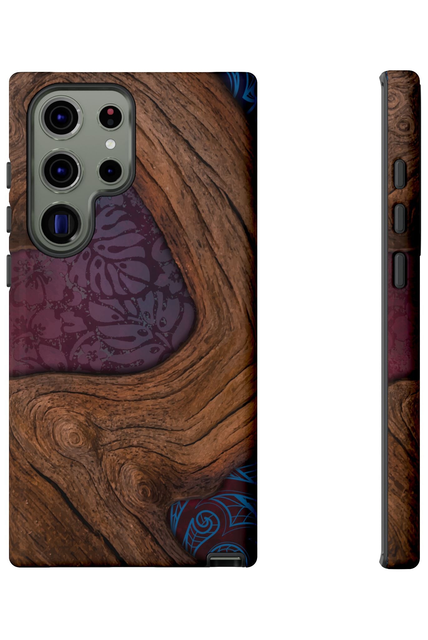 Rooted Tough Samsung Galaxy Case Detail View - Hawaiian Koa Wood Island Strength Tribal Design Close Up - The Local Banyan