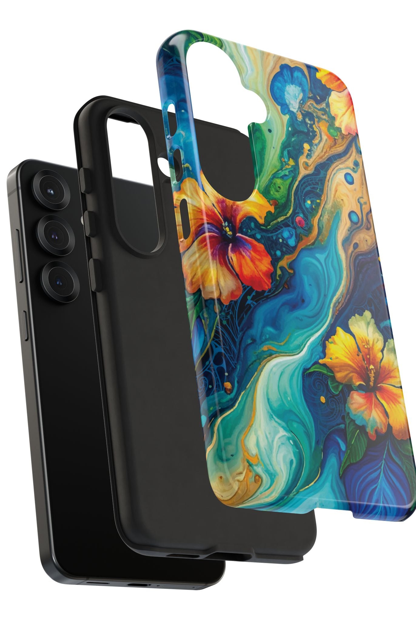 Woman holding Aloalo Drift Tough Samsung Galaxy Case - Hawaiian Hibiscus Teal Ocean Wave Design - The Local Banyan