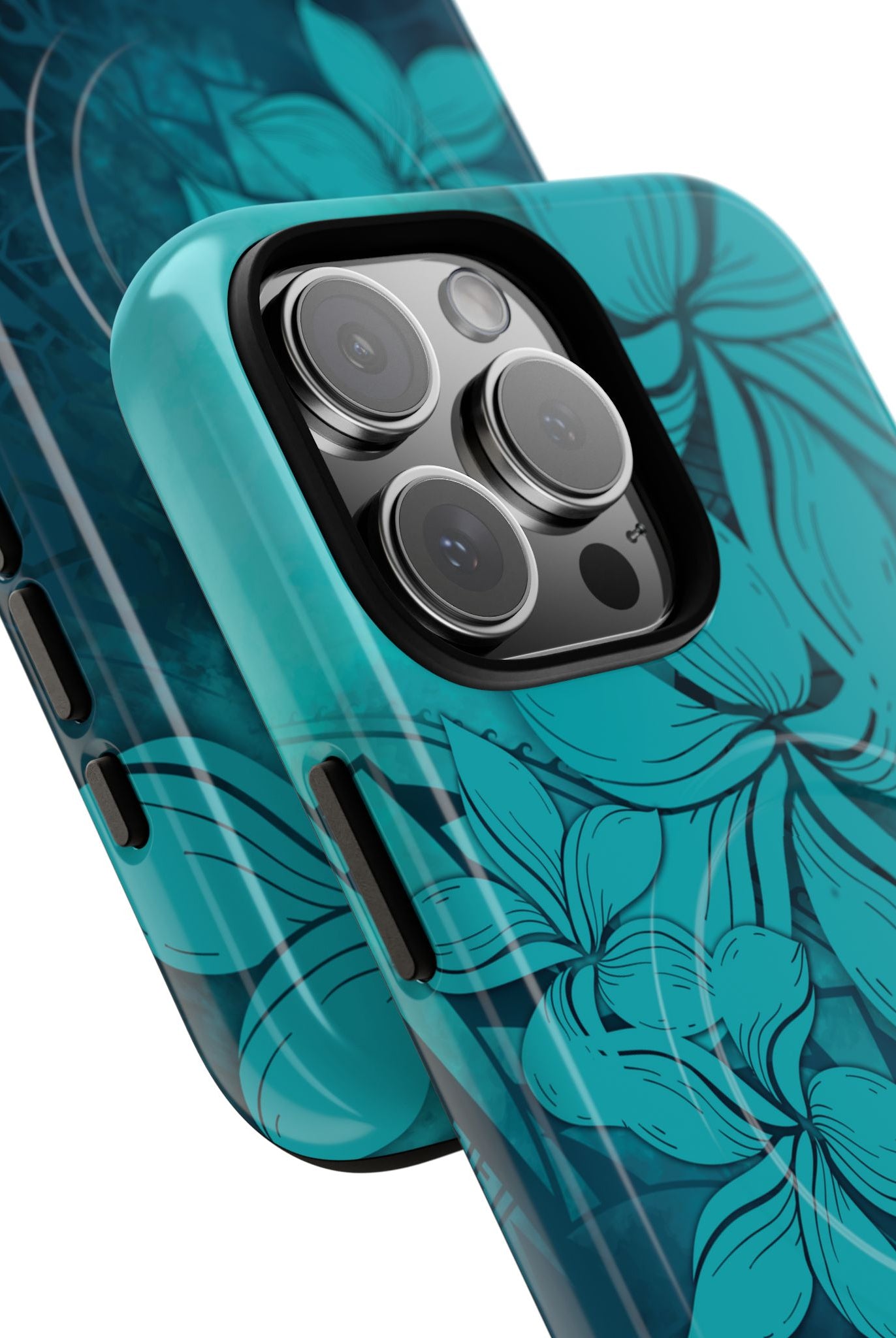 Moana Bloom MagSafe iPhone Case Detail View - Hawaiian Teal Plumeria Ocean Tribal Design Close Up - The Local Banyan
