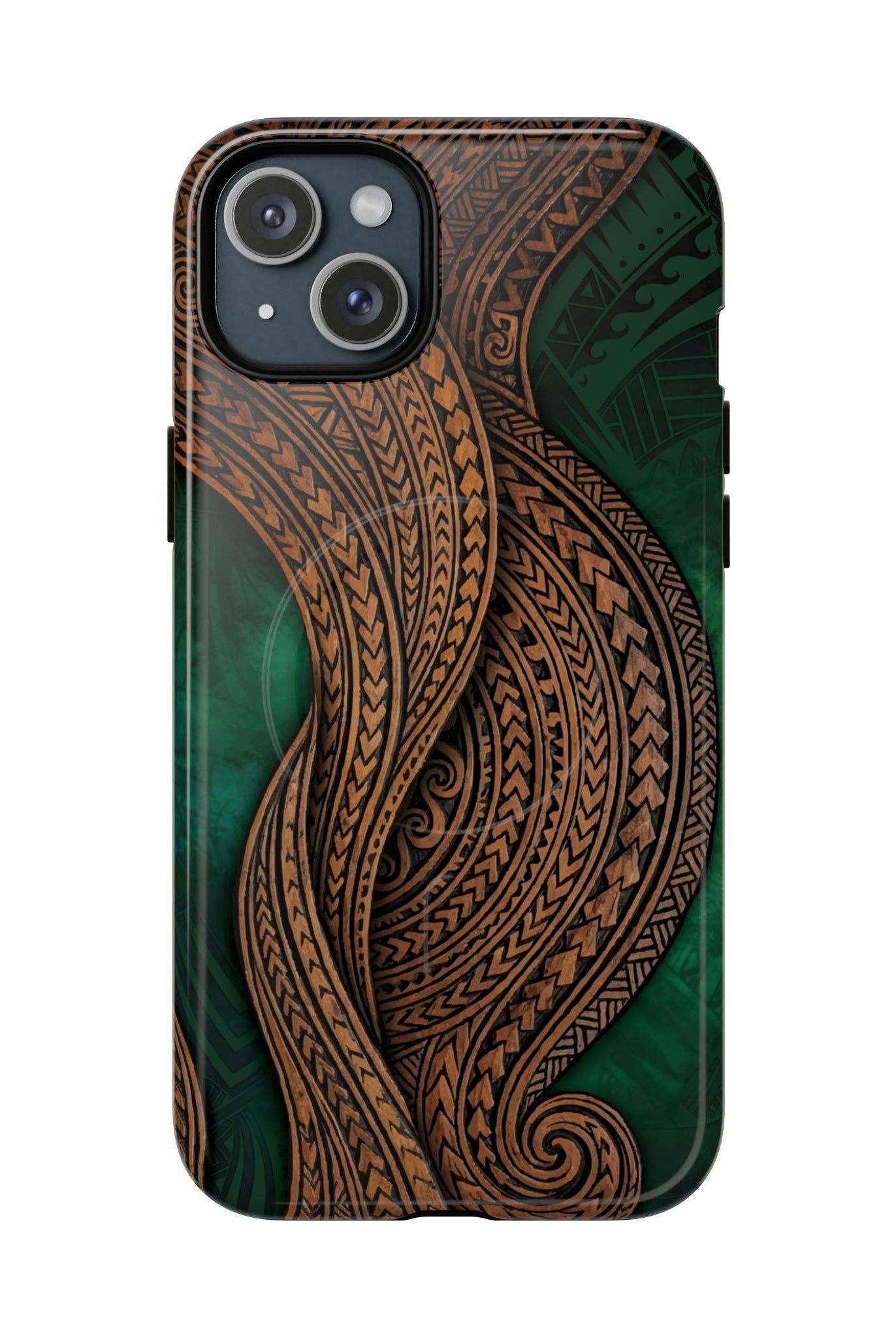 Island Kalai MagSafe iPhone Case iPhone 15 Plus Glossy - Hawaiian Carved Wood Grain Emerald Green Tribal Design - The Local Banyan