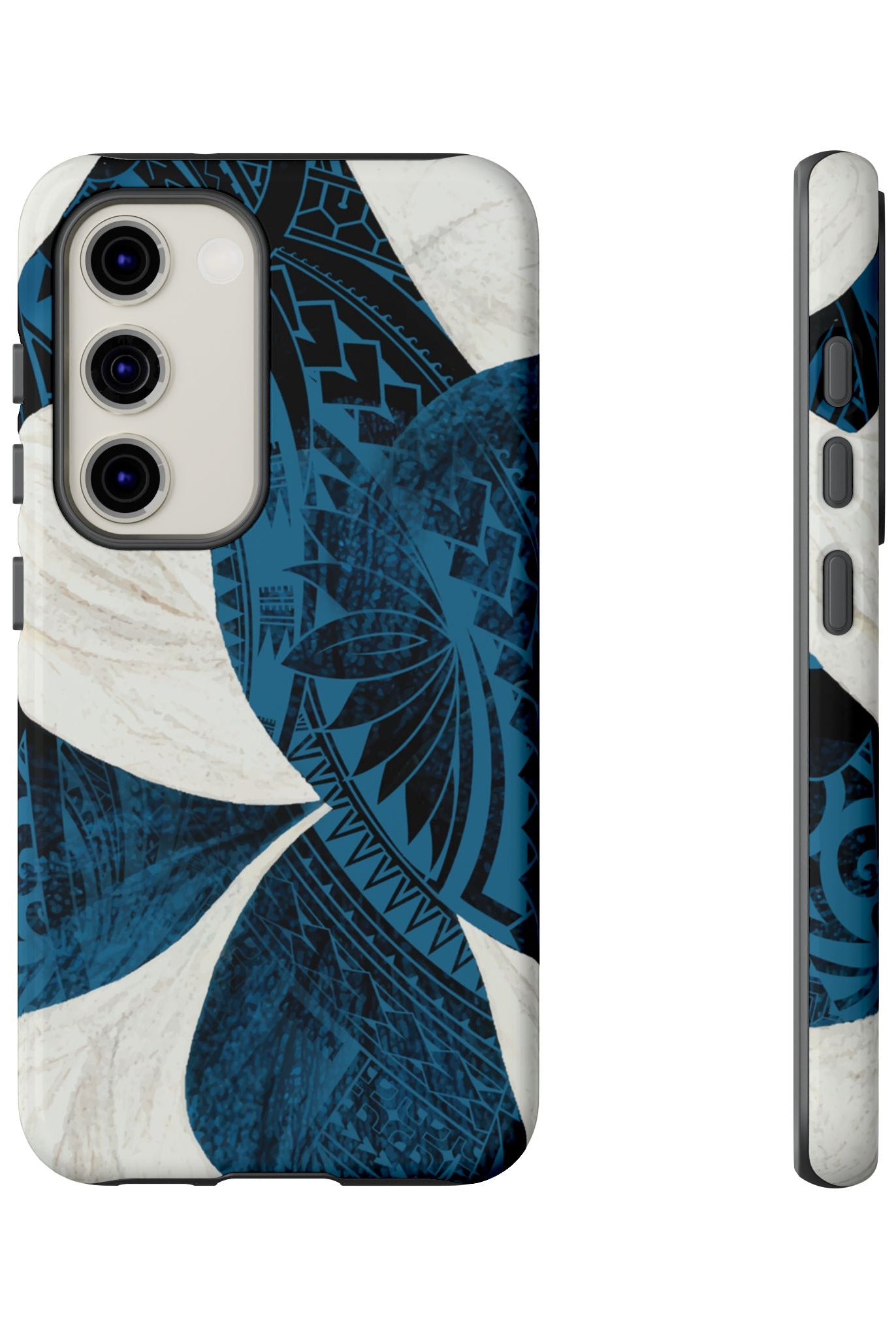 Woman holding Hana Breeze Tough Samsung Galaxy Case - Hawaiian Blue Plumeria Polynesian Botanical Design - The Local Banyan