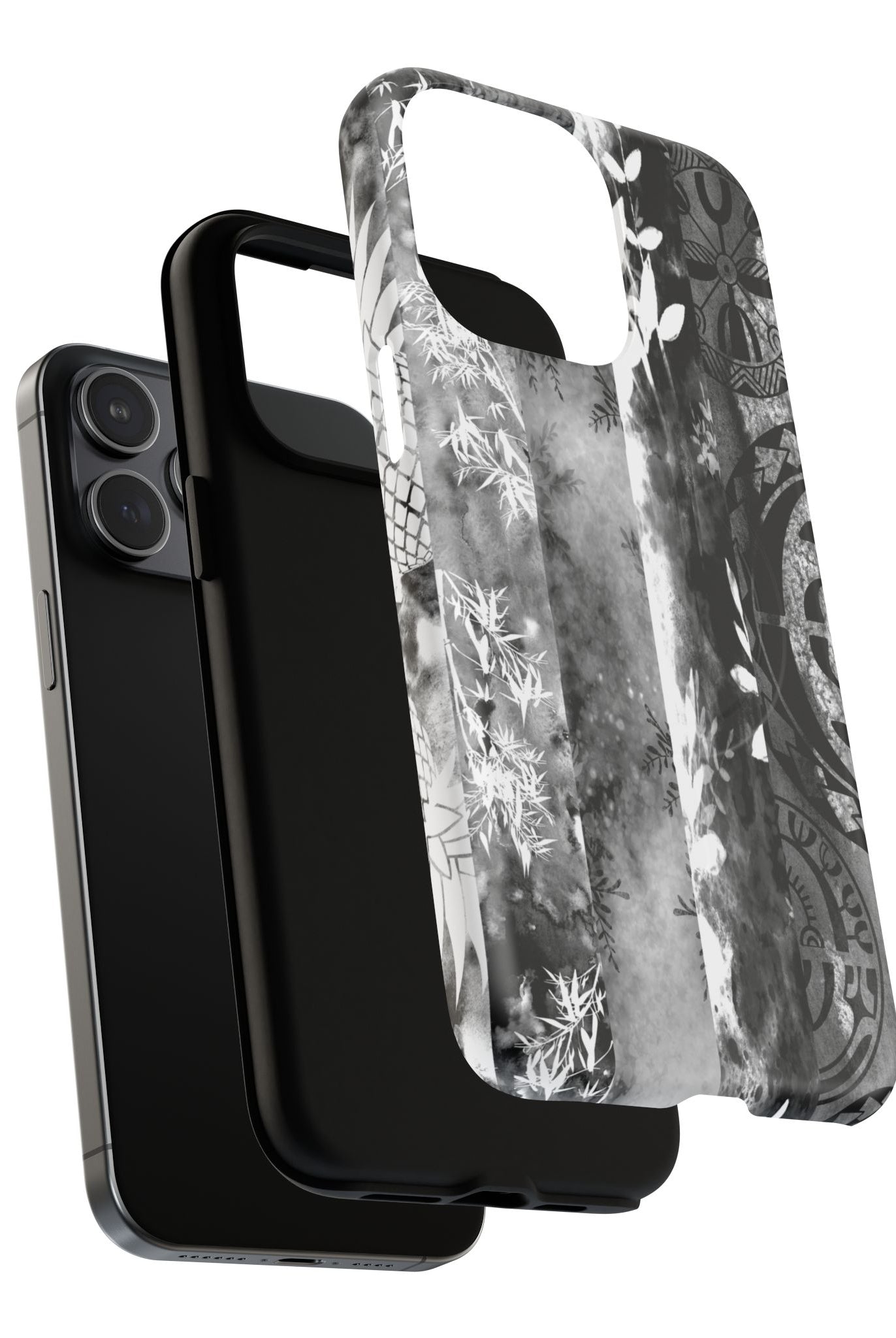 Monochrome Oasis MagSafe iPhone Case Detail View - Hawaiian Black White Botanical Tribal Design Close Up - The Local Banyan
